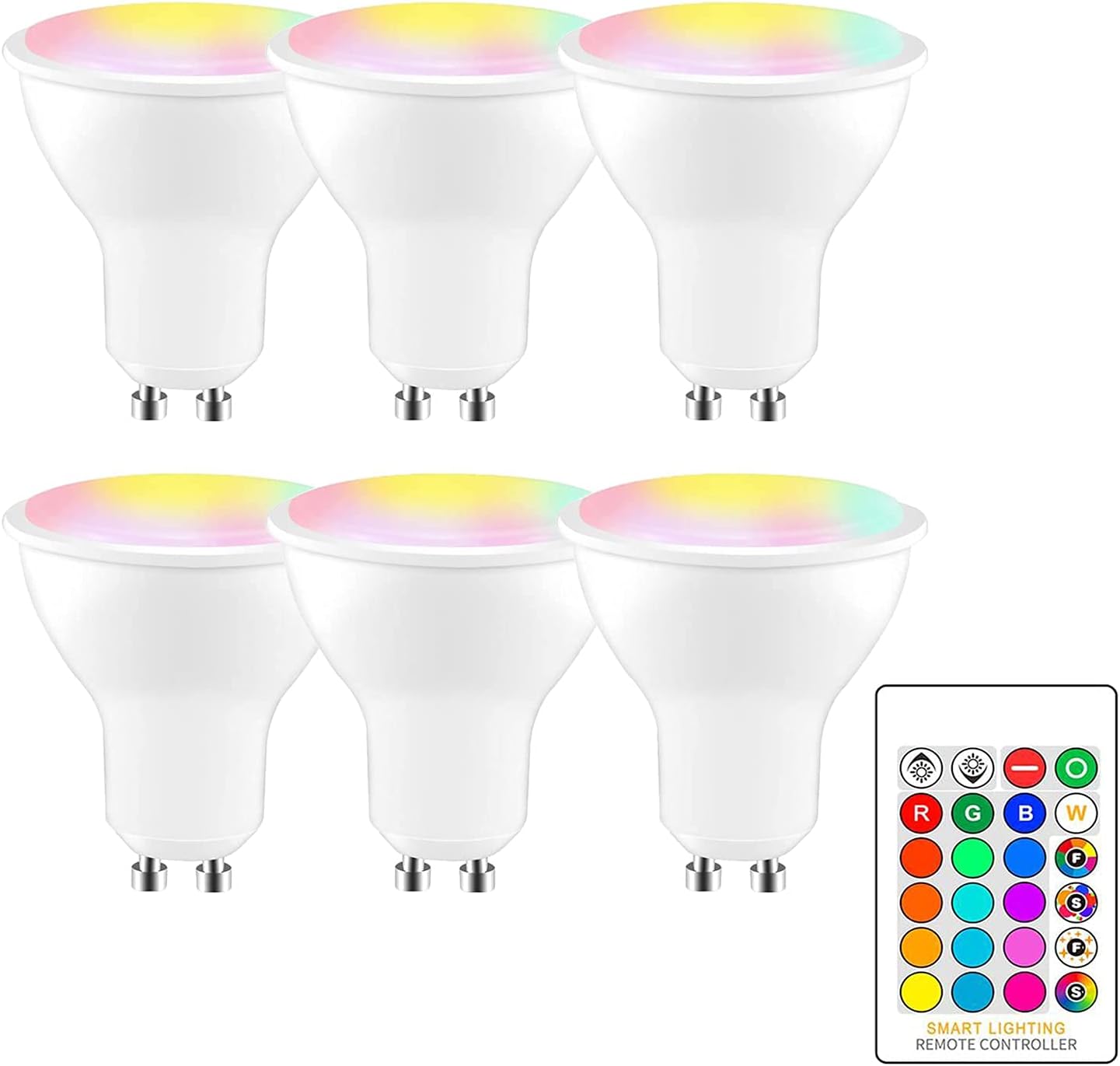 6 Pack GU10 LED Bulbs， 5W Dimmable Colour Changing Spot Light Bulb with Remote， 90° Beam Angle for Home Decoration Bar Party Mood Lighting Light bulb