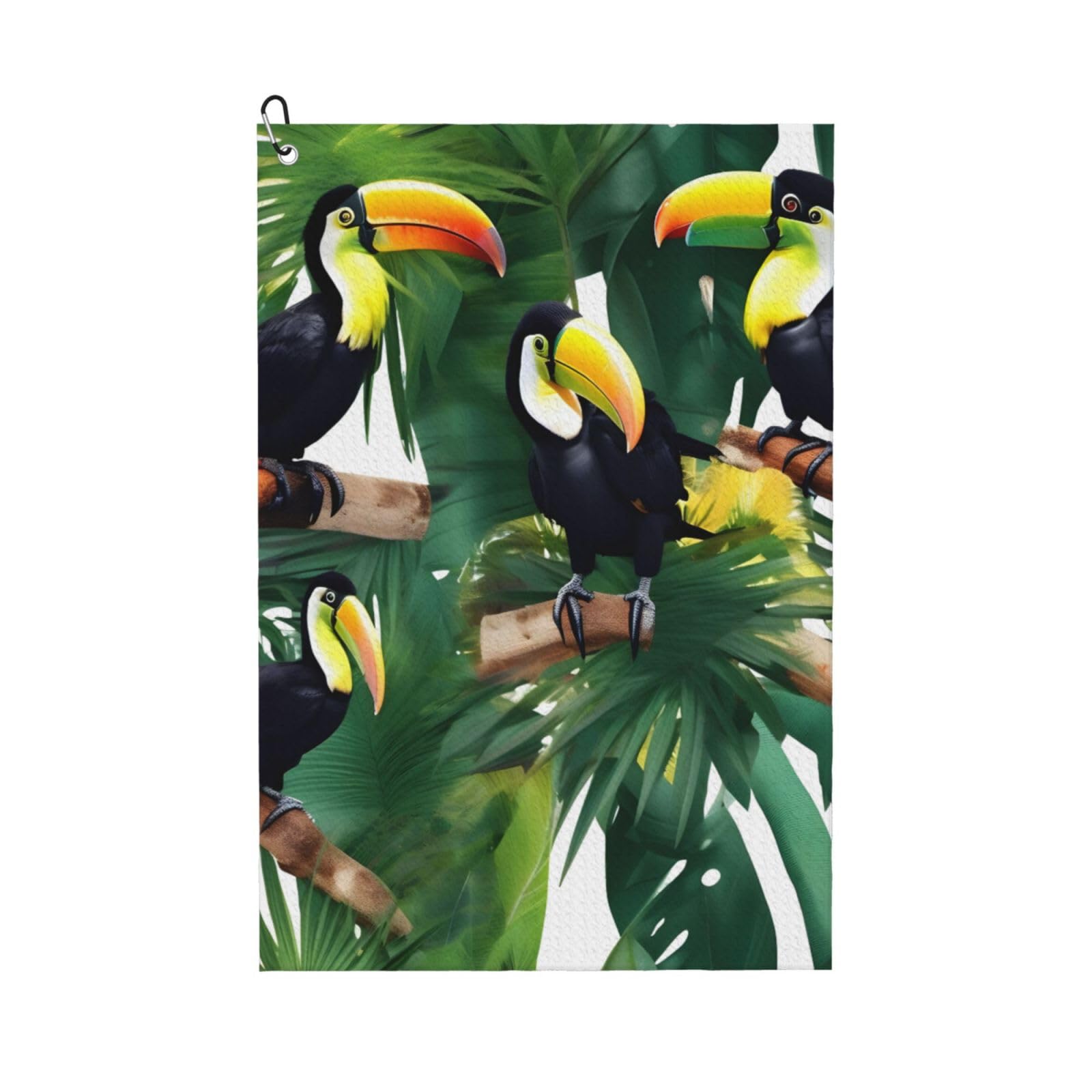 aacxzff Quick-Drying Microfiber Toucans Parrot palm tree leaves Print Golf Towel with Integrated Carabiner Clip for Unisex 16x24in