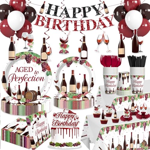 Yingoto Wine Birthday Decorations for 25 Guests 205PCS All-in-One Aged to Perfection Party Supplies with Burgundy Floral Design Banner Plates Cups Napkins Balloons Tablecloth and Centerpieces