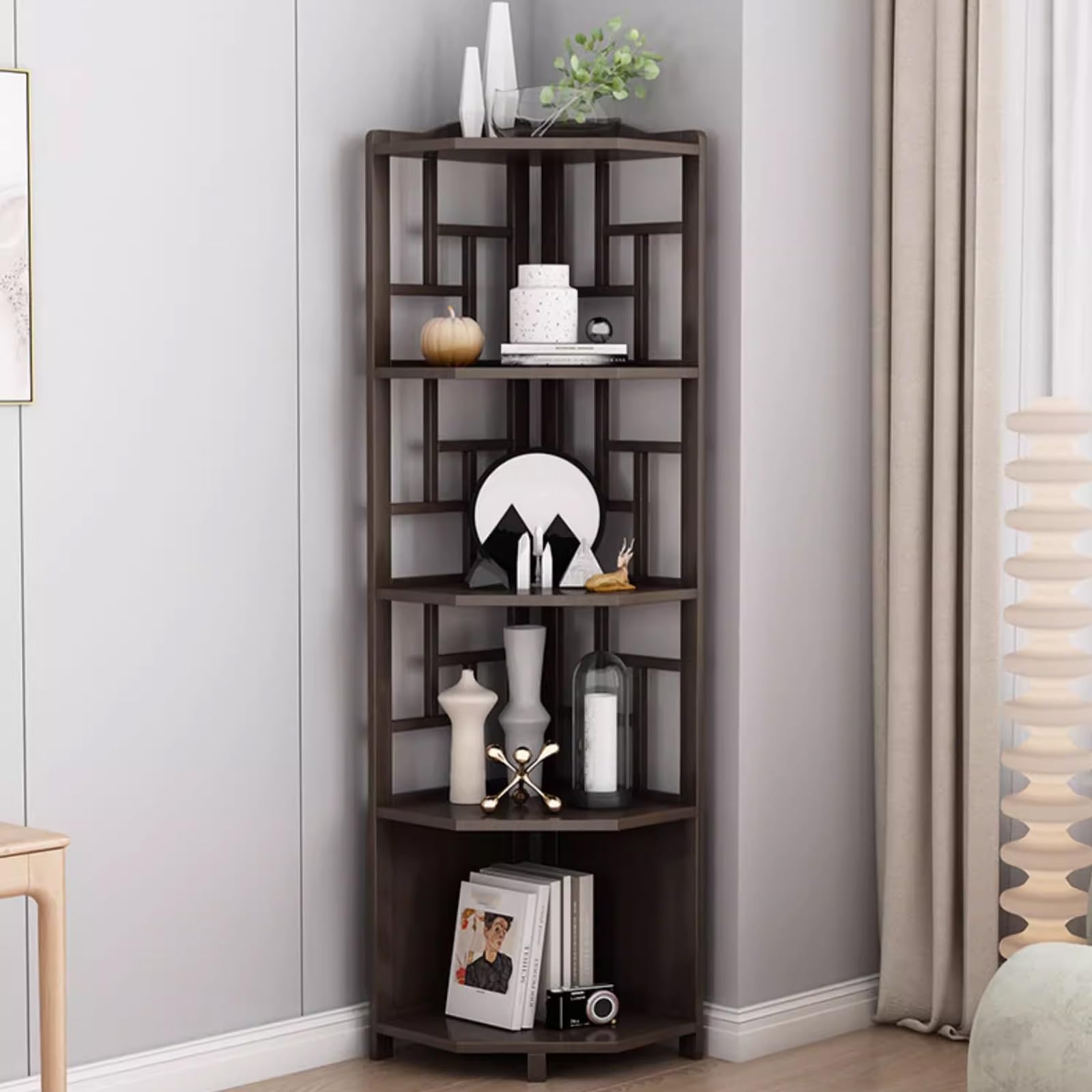 ASerZenith Chinese Design Bamboo 4 Tier Corner Bookshelf Display Stand For Living Room And Home Office (Black)