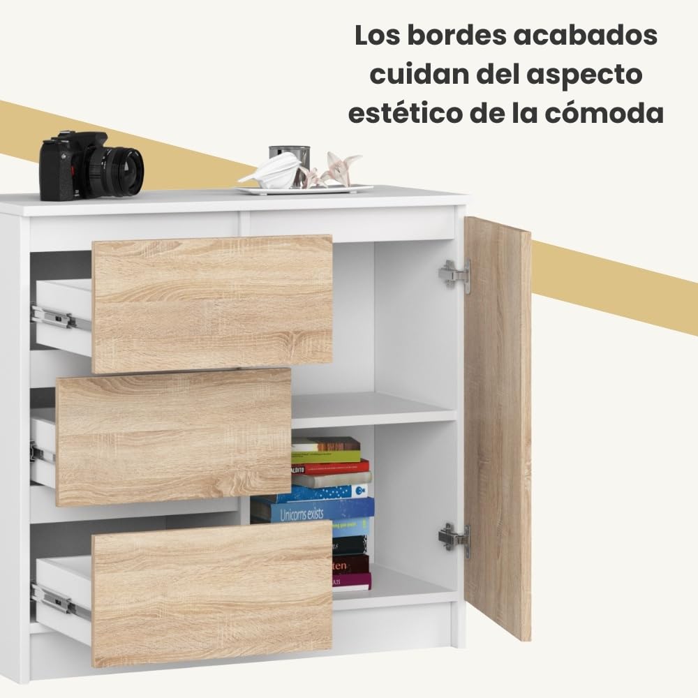 AKORD Cómoda Jerry | Cajonero con 1 Puerta 3 Cajones 2 Estantes | Credenza Alta 80 cm | 80x35x77 cm | Blanco & Roble Sonoma Frente