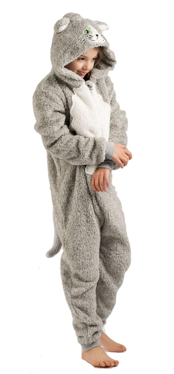 Tutina per ragazzi o ragazze in pile super morbido nero bianco gatto gattino con coda – Costume da animale AllinOnes per bambini dai 2 ai 13 anni