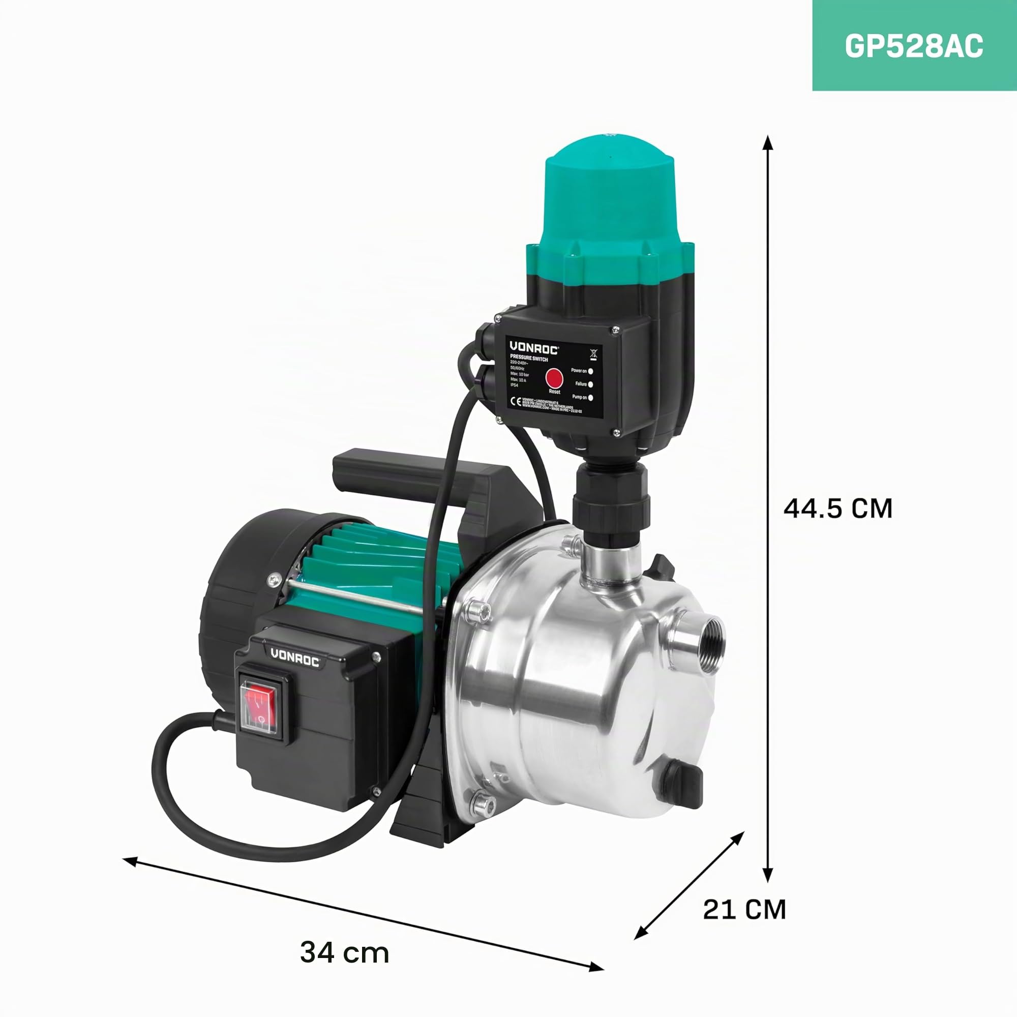 Vonroc Pompe à Eau Hydrophore 1000W 3500l/h 4,4bar Acier Inoxydable Réservoir 19L