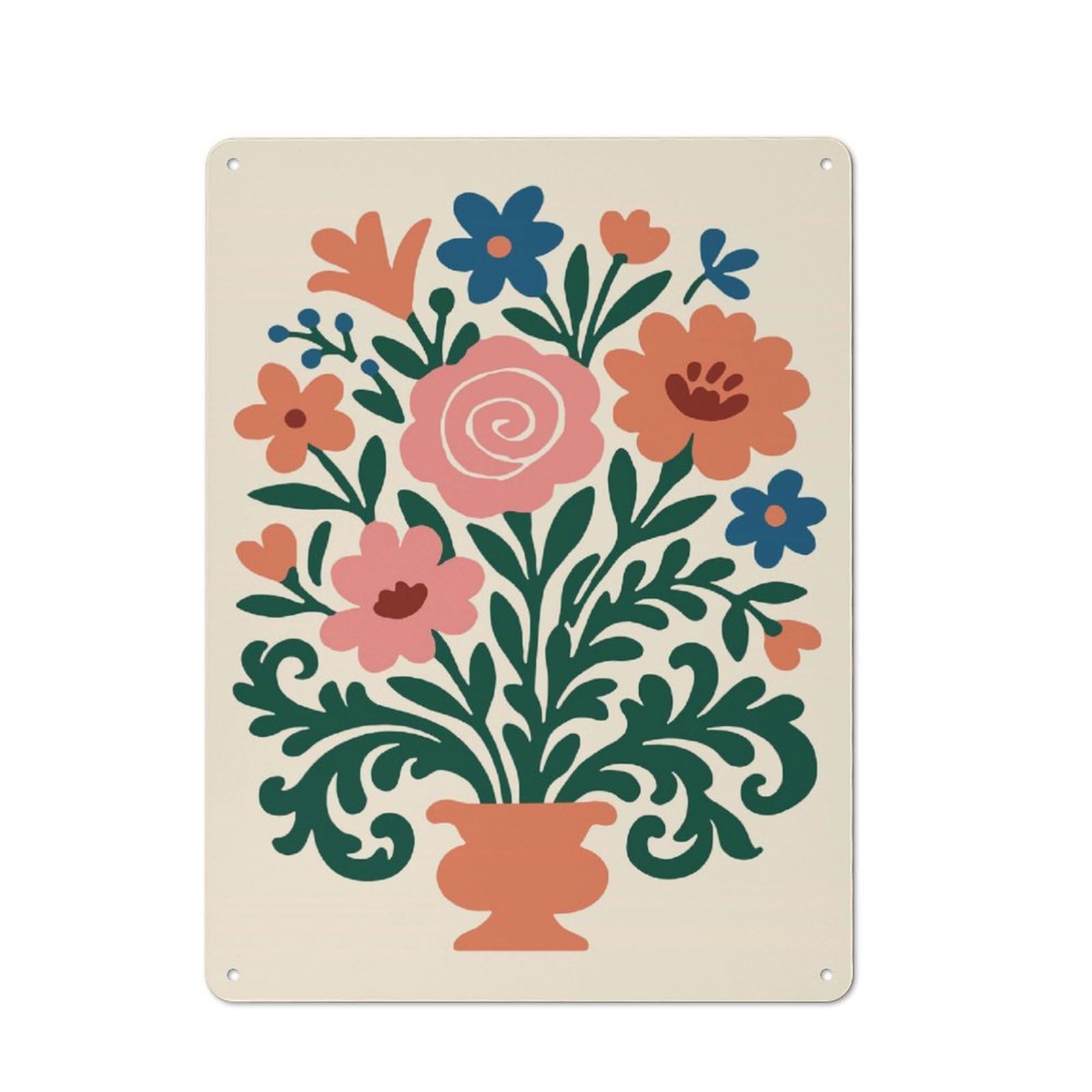 Junmoney Style Modern Vintage Floral Bouquet In Vase Illustration Office Metal Sign 40X30cm, Creative Space Decor For Hobby Room, Office, Lounge Or Living Room
