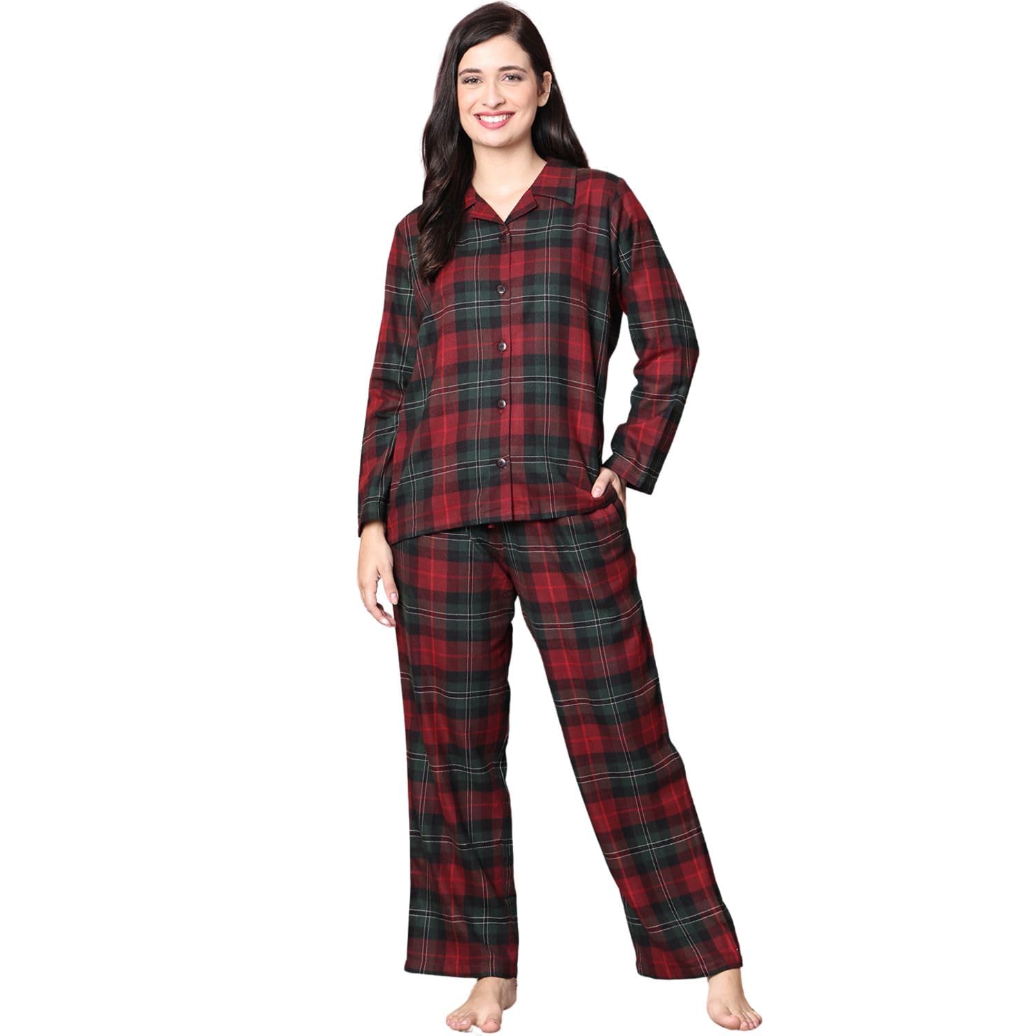 Dark Red Checkered Flannel Night Suit-image-16
