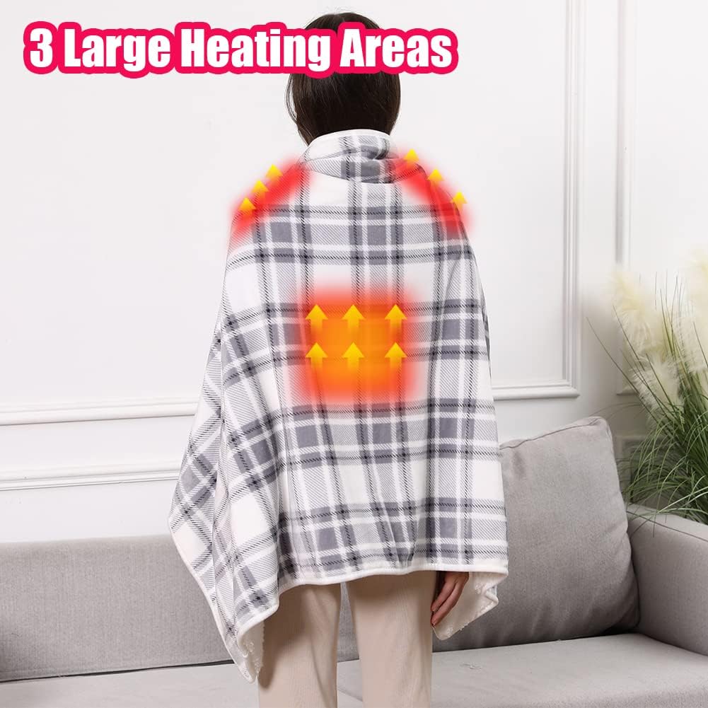 WOOLALA USB Plaid Heated Shawl Blanket, Wearable Fleece Electric Heating Blanket with Snap Closure 3 Temperature Settings for Home Office Outdoor, Machine Washable (55 * 31.5in)