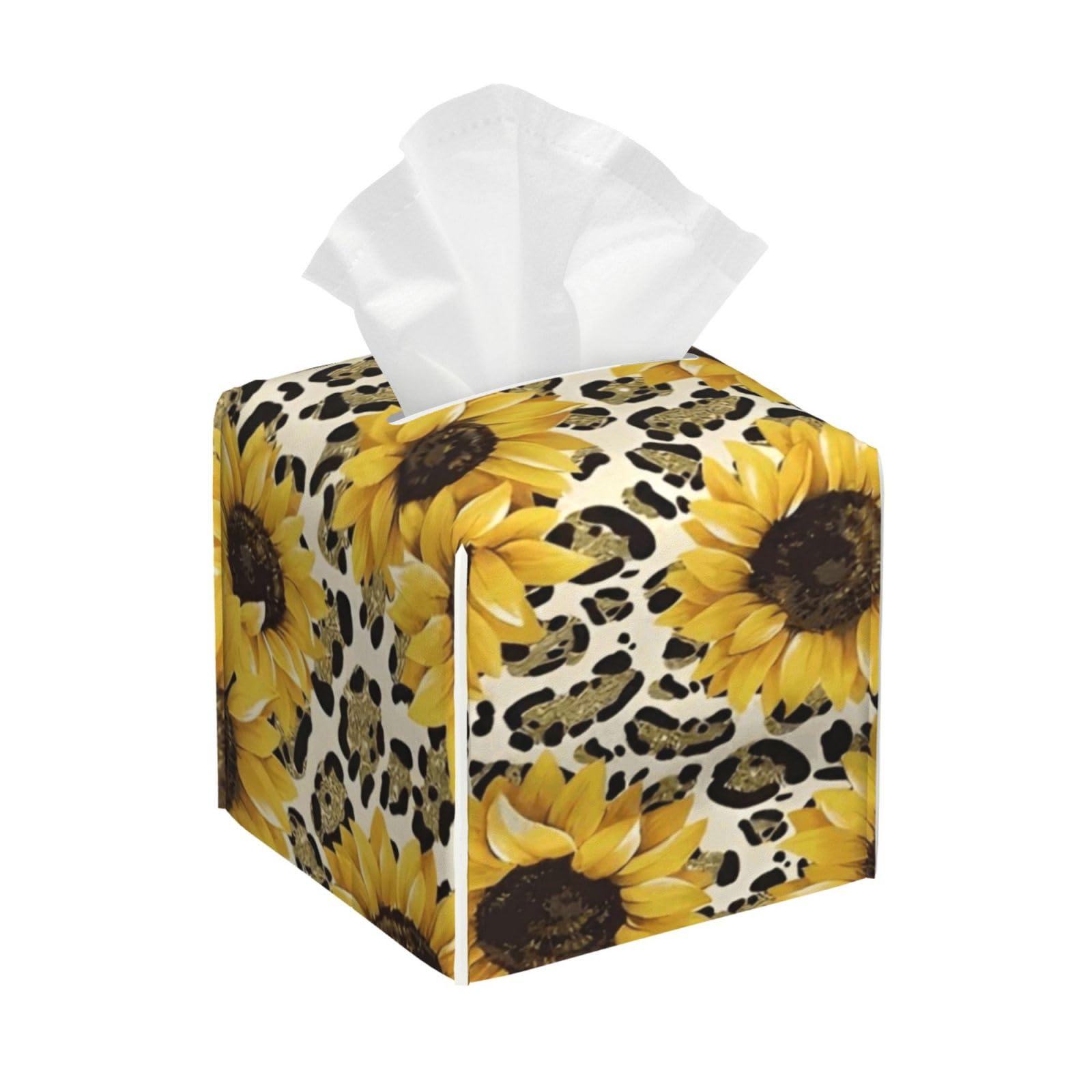 Sunflower Leopard Tissue Box Cover Holder Square with Bottom Belt PU Leather Decorative Organizer for Tabletop Bathroom Car Office