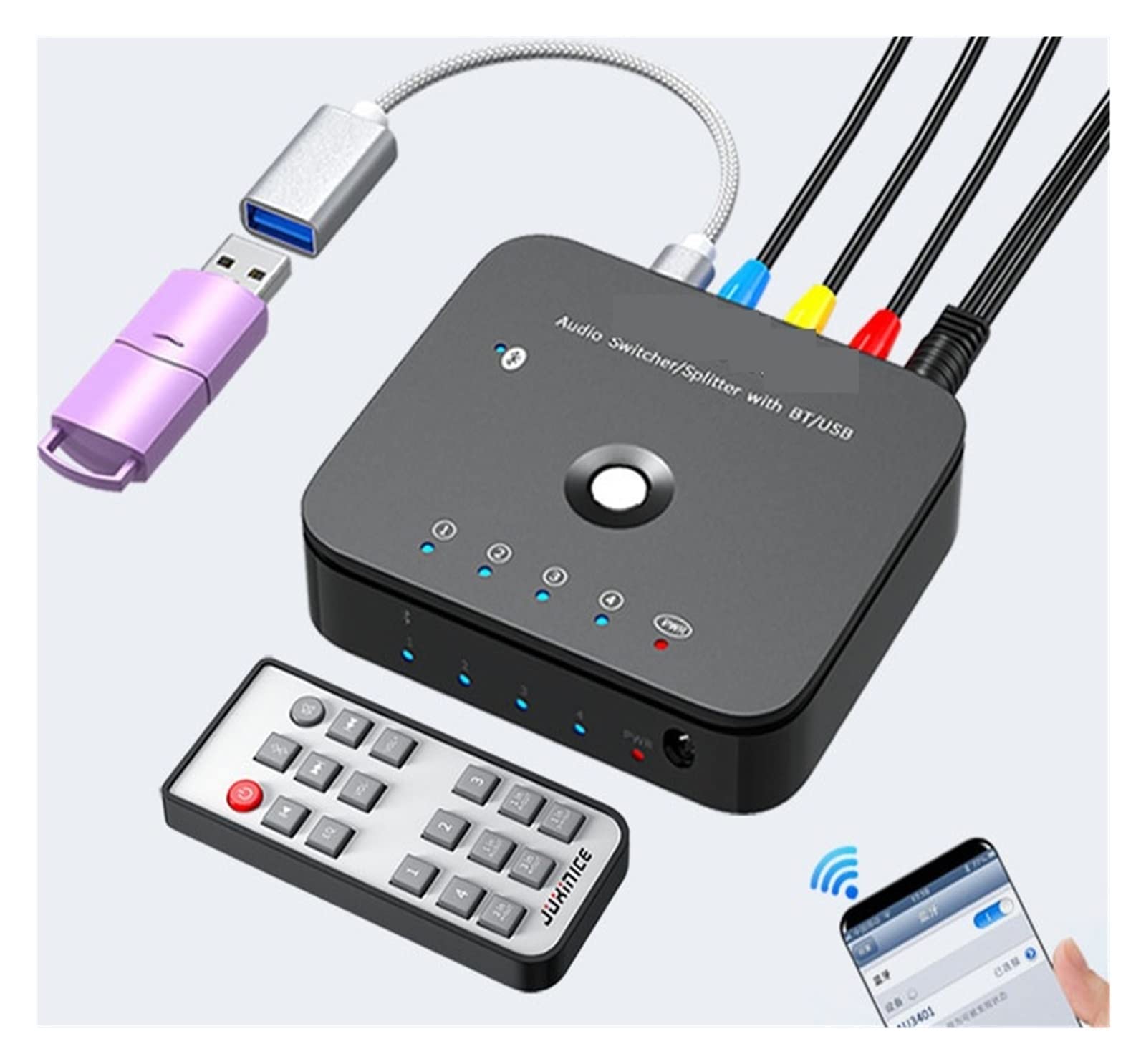 Commutatore Video, Switcher stereo HIFI a 4 porte da 3,5 mm 3 IN 1OUT Wireless Music Ricevitore 5.0 Adattatore audio(1)