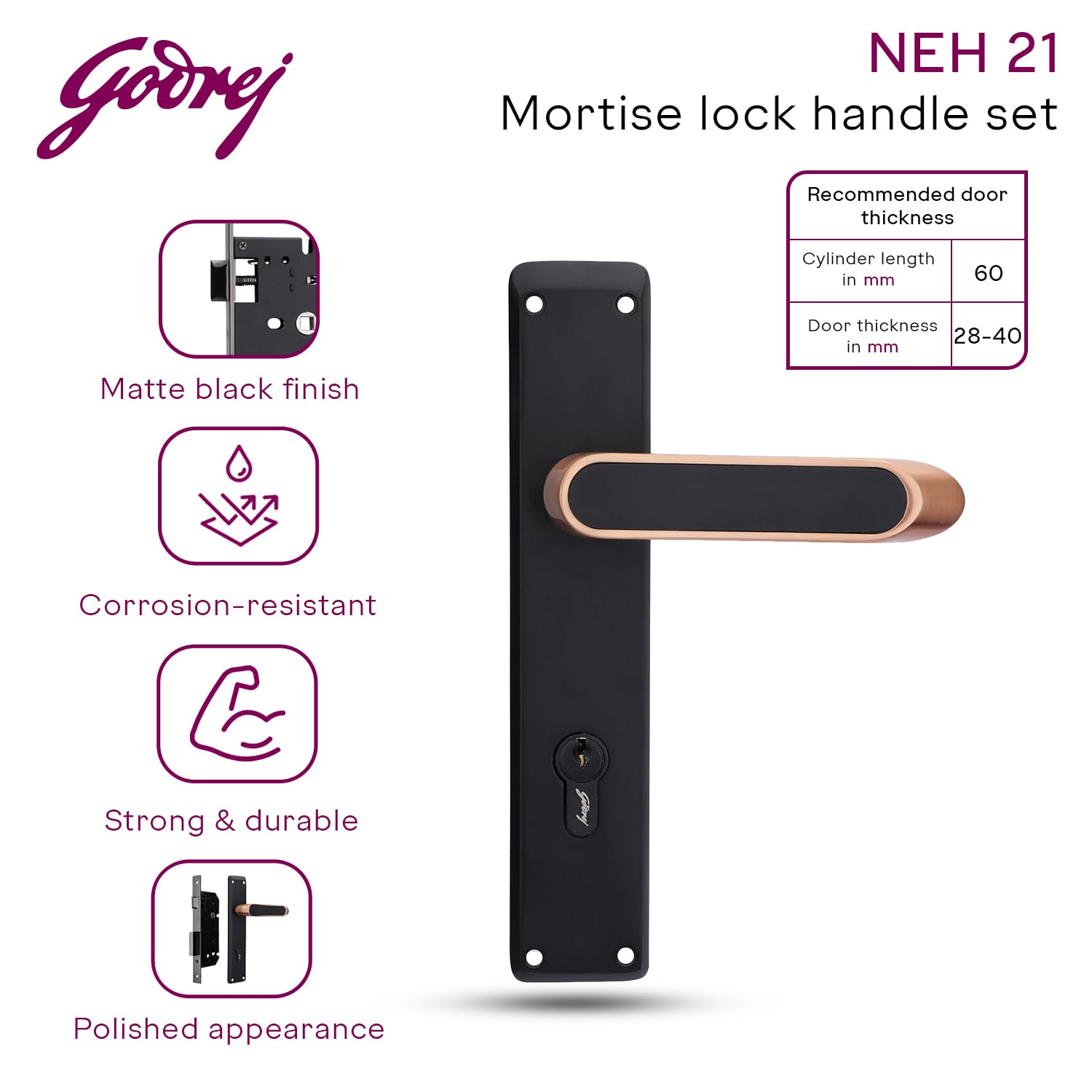Godrej Mortise Lock|Handle Lock Set for Main & Internal Doors of Home & Office|NEH 21|Antique Brass Finish|10 Inch Lock Body | 60mm Cylinder, Outside Key & Inside Knob Operation|3 Keys|1Year Warranty — Amazon image 3