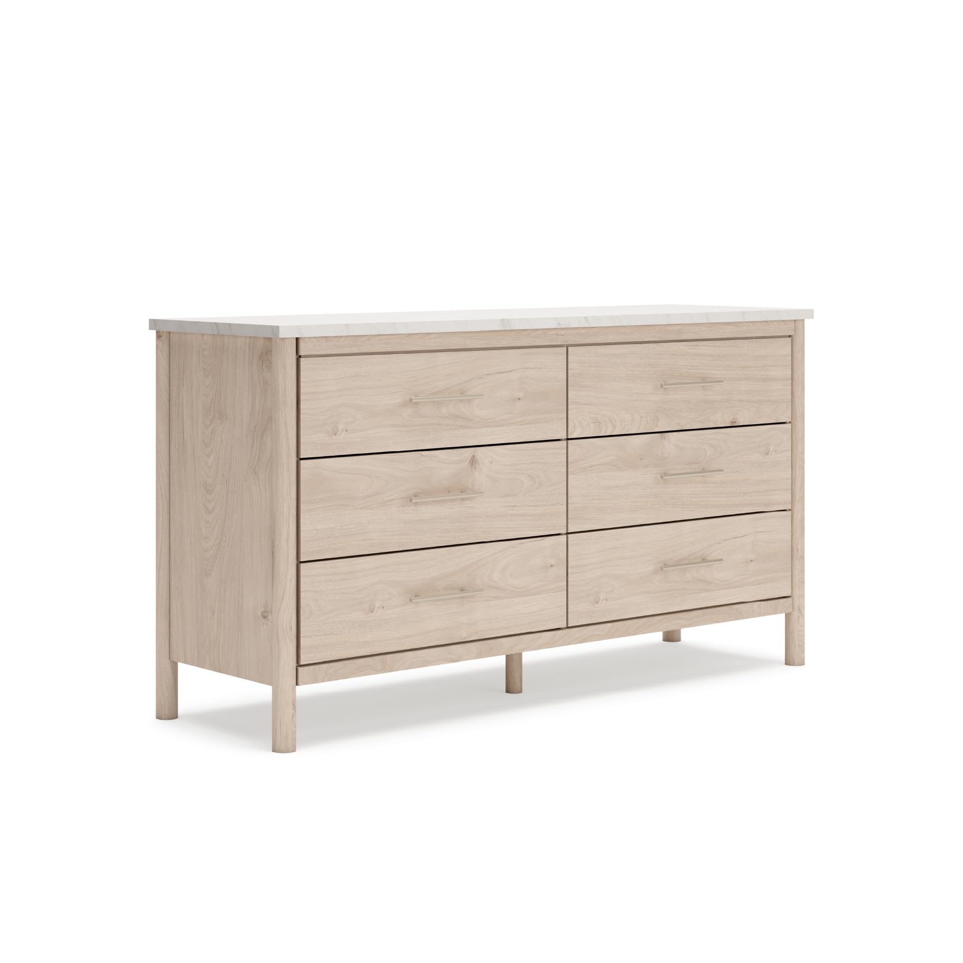 Signature Design by Ashley Cadmori Casual Bohemian Dresser with Post Legs and 6 Drawers, Replicated Marble Top, Wood, 35" High, White and Light Brown