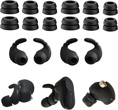 Double Flange Ear Tips & Ear Hooks for Sony WF-1000XM5, 6 Pairs Tips + 2 Pairs Anti Slip Hooks, Sports Secure Fit Replacement Accessories for 1000XM4/XM3/WF-C500/WF-C700N, Black