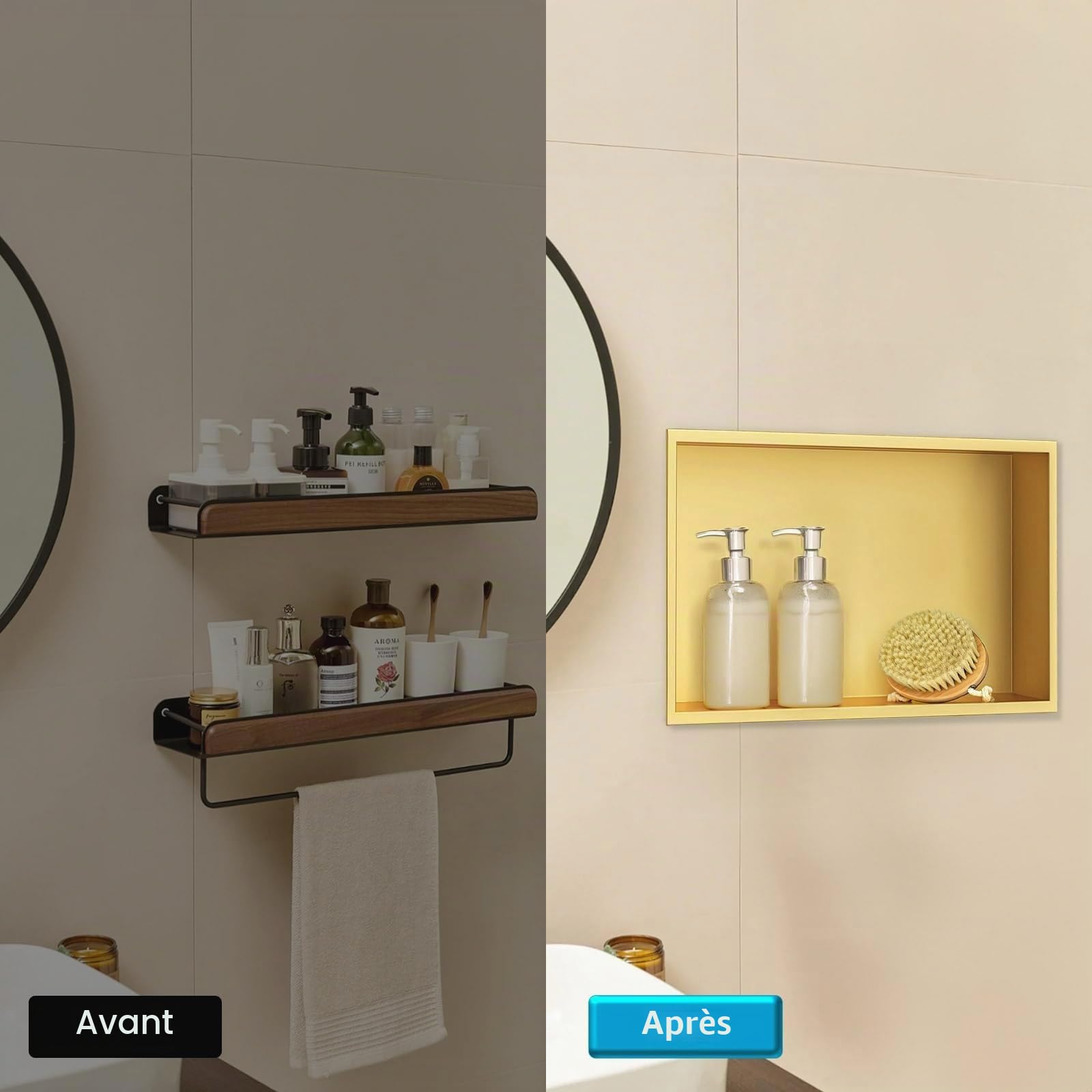 Douche murale, douche niche murale en acier inoxydable, étagère murale de rangement, niche de douche 30 x 45 x 10 cm, dorée
