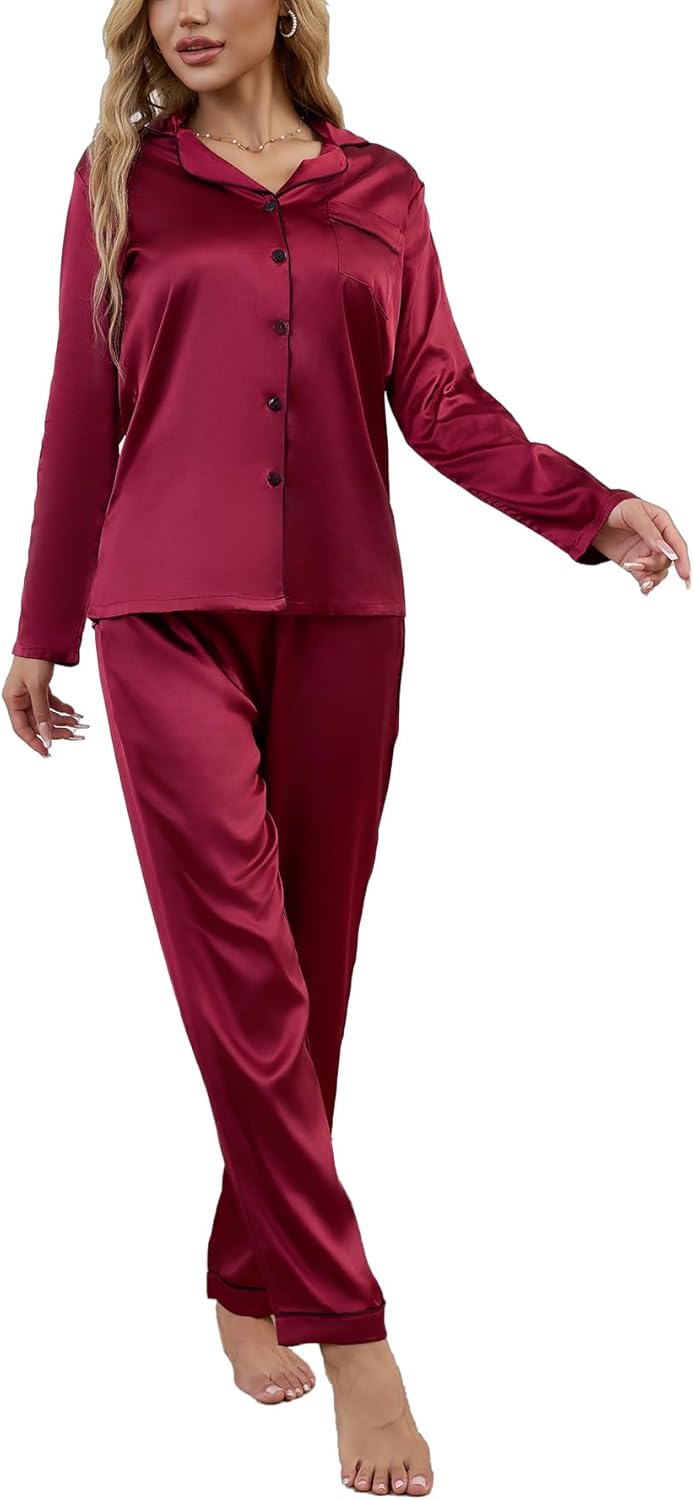 Women’s Classic Button Down Long Satin Silk Pajama Set 2 piece pajama set for women silky pajama set for women Women’s Classic Button Down Long Satin Silk Pajama Set 2 piece pajama set for women silky pajama set for women