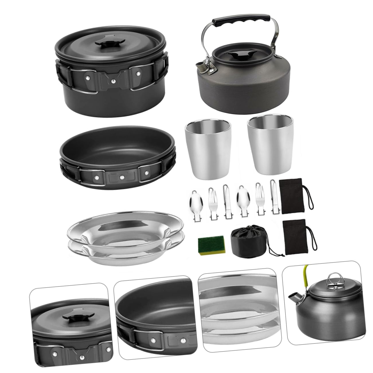 YARNOW Juego de Utensilios de Cocina Set de Ollas y Tetera para Acampar Portátil Aleación de Aluminio Ligera Color Negro para 2-3 Personas Adecuado para Camping y Actividades al Aire