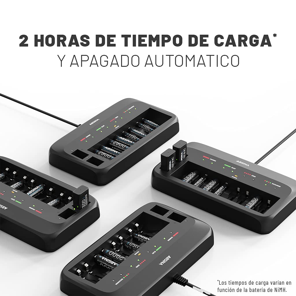 ABSINA X10 Cargador Pilas AA AAA & 9V + 8X AA 2900 Pila | Pilas recargables cargador 10-Slots