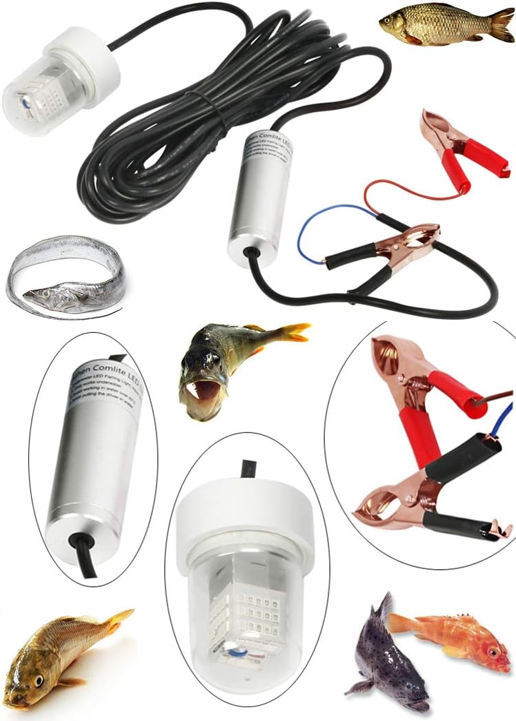 Hanchen LED Underwater Fishing Light 12V-24V 30W Green White Fishing Light Attractants IP68 50m 3000Lumen for Night Fishing Netting in Fresh Sea Saltwater (White)