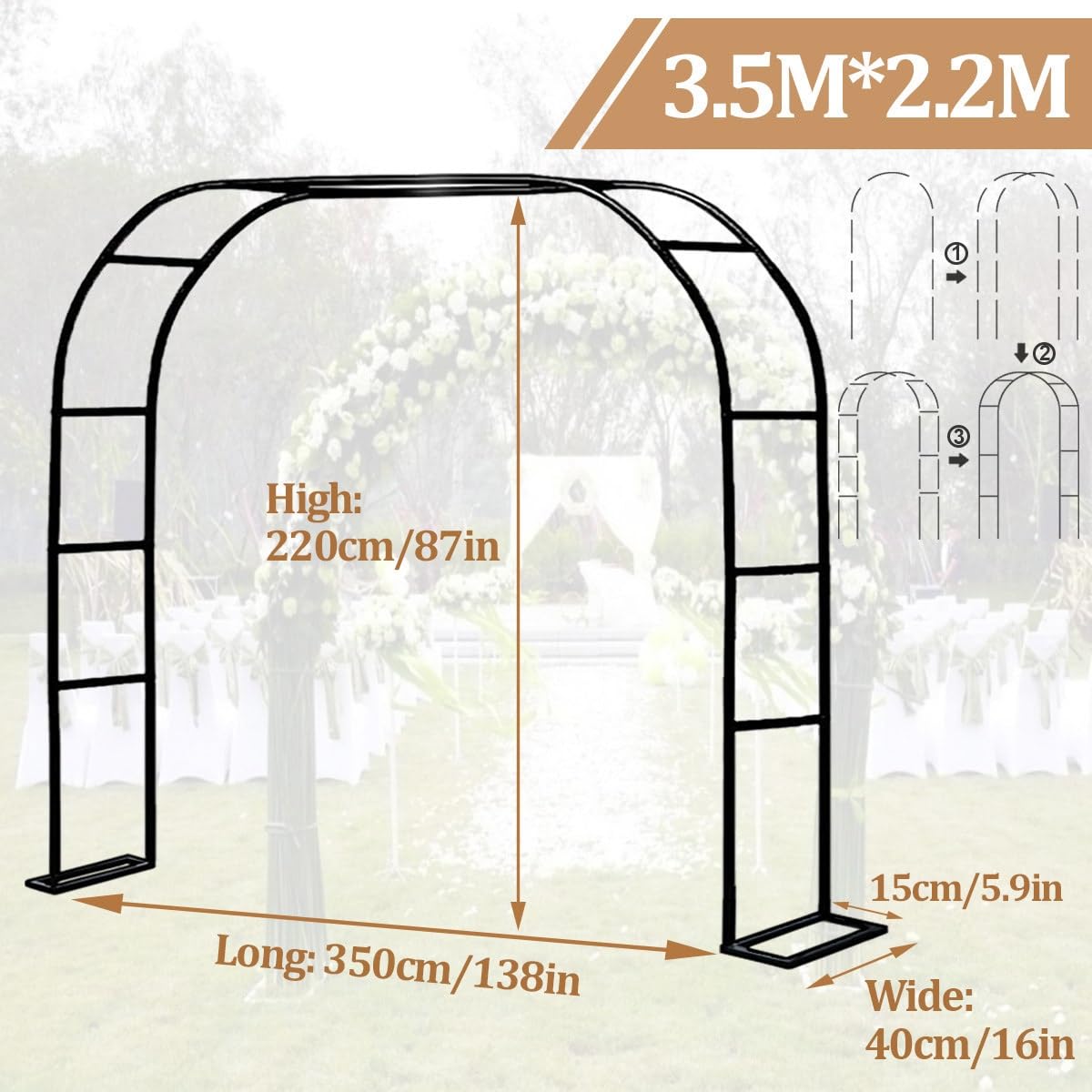 Łuk ogrodowy, czarno-biały, metalowa altana, dekoracyjna pergola ogrodowa z podstawą na ceremonię ślubną, imprezę, róże pnące, trawnik, podwórko, taras (czarny, dł. 138 x szer. 16 x wys. 87)