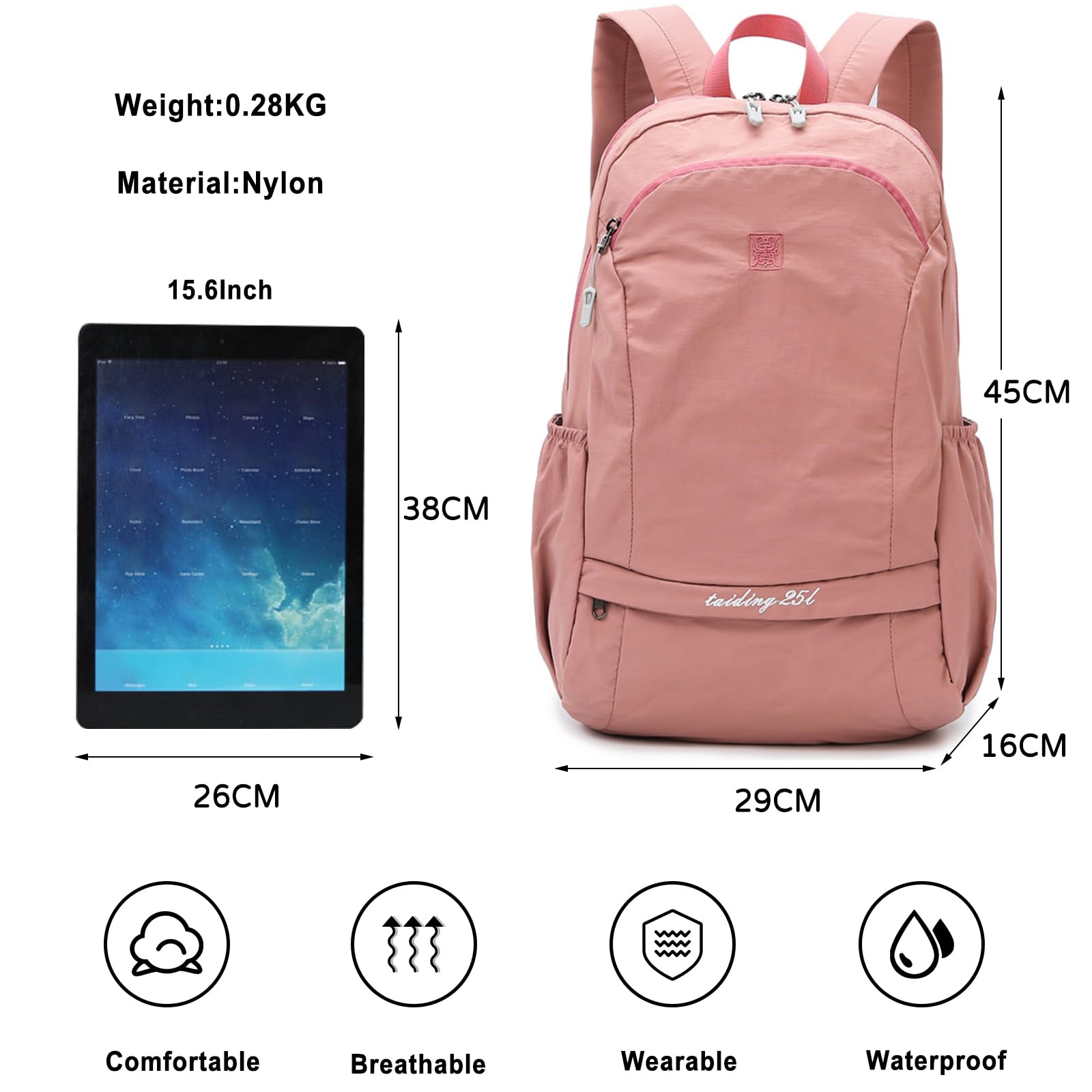 Zaino da Trekking Zaino Pieghevole 25L Leggero Impermeabile Zaino Hiking Backpack per Donna Uomo Ciclismo Viaggio Sport Uso Quotidiano Rosa