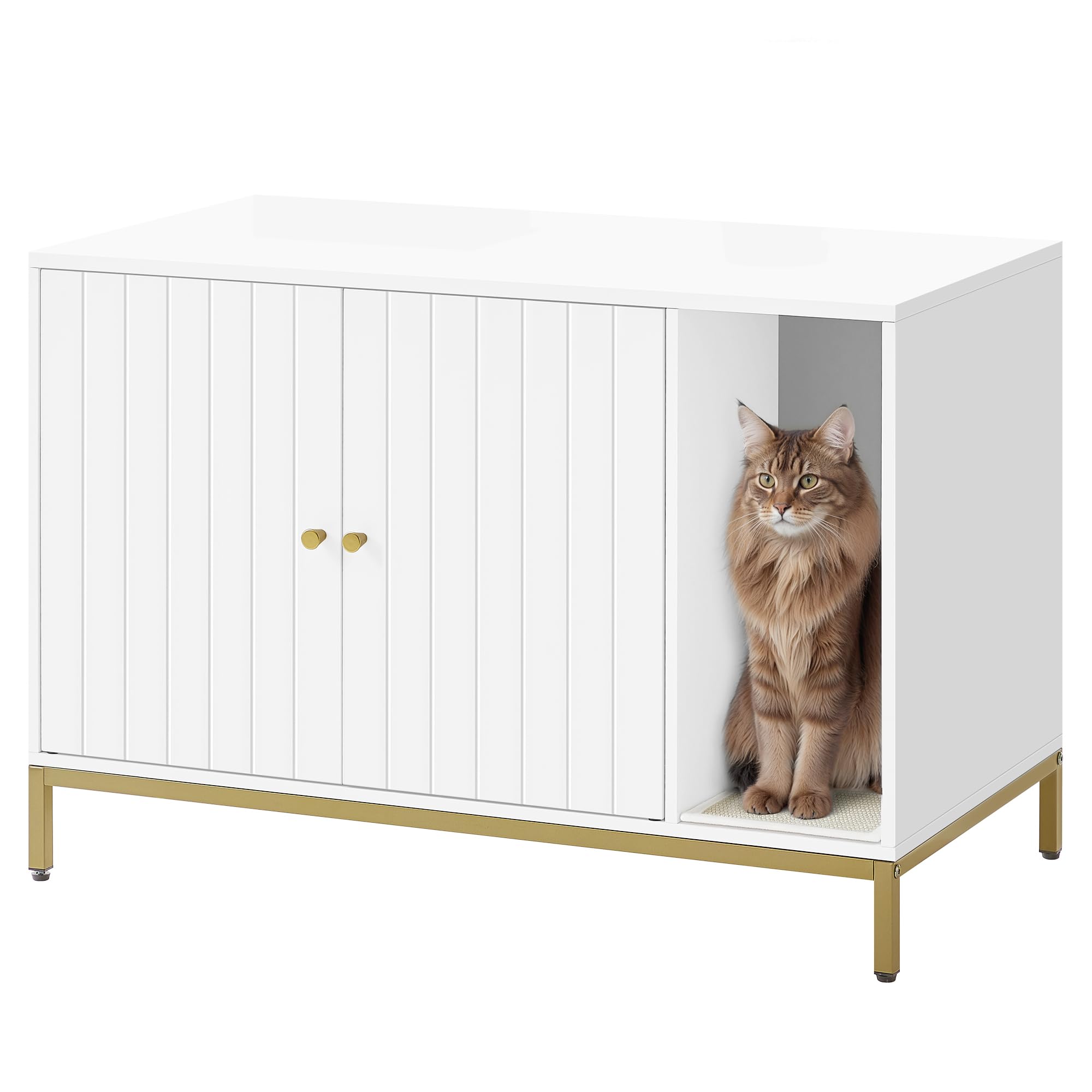 FeandreaLitter Box Enclosure, Modern Cat Litter Box Furniture Hidden, with Scratching Mat, Tall Legs, Cat House, Side End Table, 35.4 x 18.9 x 24.2 Inches, White and Gold UPCL027W01