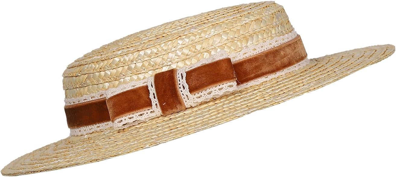 Women's Straw Boater Hat 1940s Vintage Very Low Fascinator Base Mini Top Hat with Velvet and Crochet Ribbon