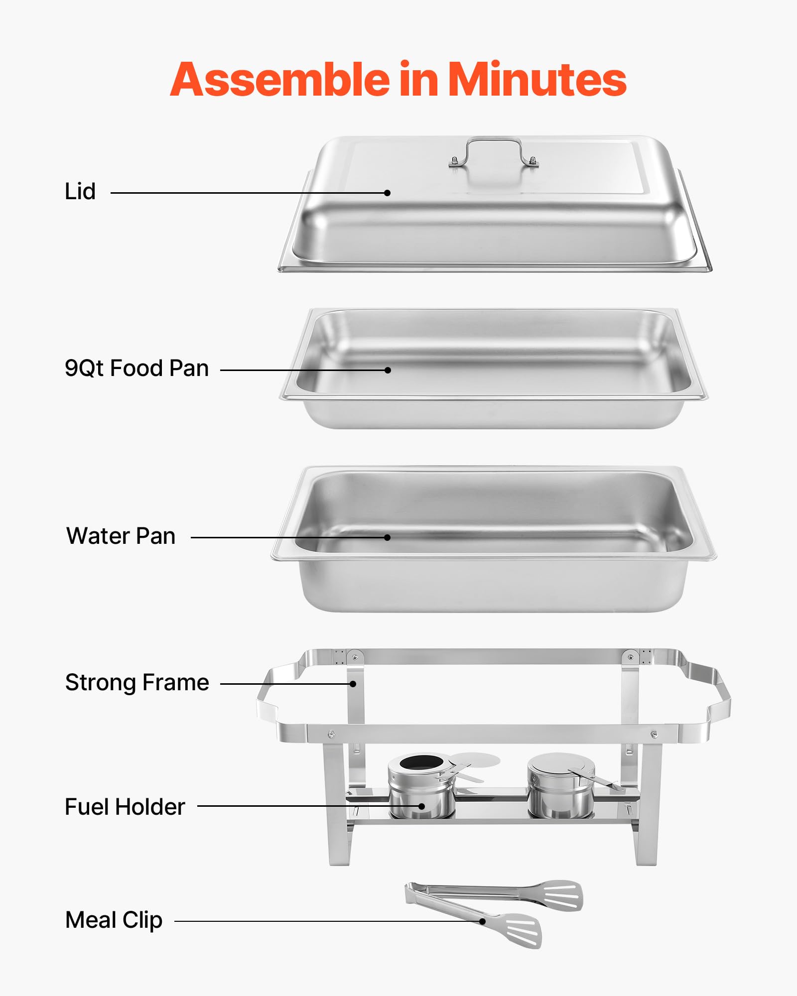 VEVOR Set di Scaldavivande Rettangolari da 8,5 L 6 Pezzi, Contenitori Riscaldanti per Buffet con Manico e 3 Pinze per Alimenti e Coperchio e Porta Combustibile, Adatti per Banchetti, Feste