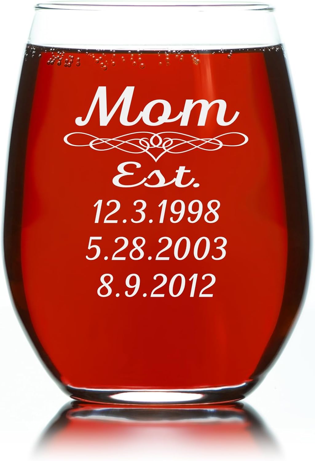 C M Mom Established with Dates 17 oz Custom Stemless Wine Glass - Personalized Mom Gift for Women (up to 3 dates)