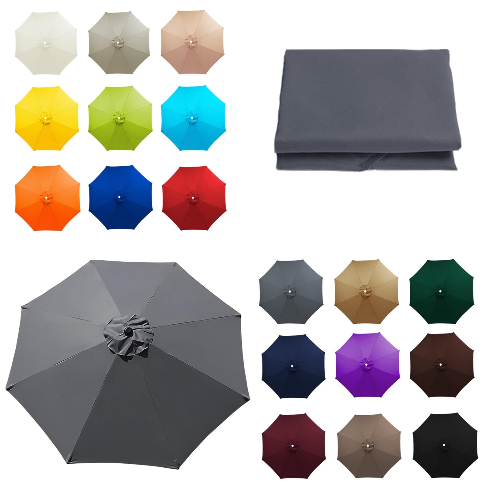 6 Rib and 8 Rib Replacement Umbrella Cover, Replacement Parasol Fabric, 6.5ft/2.0m to 11.5ft/3.50m, Garden Umbrella Canopy, Beach and Balcony Canopy Top(Gray,9FT/2.70M-6Ribs)