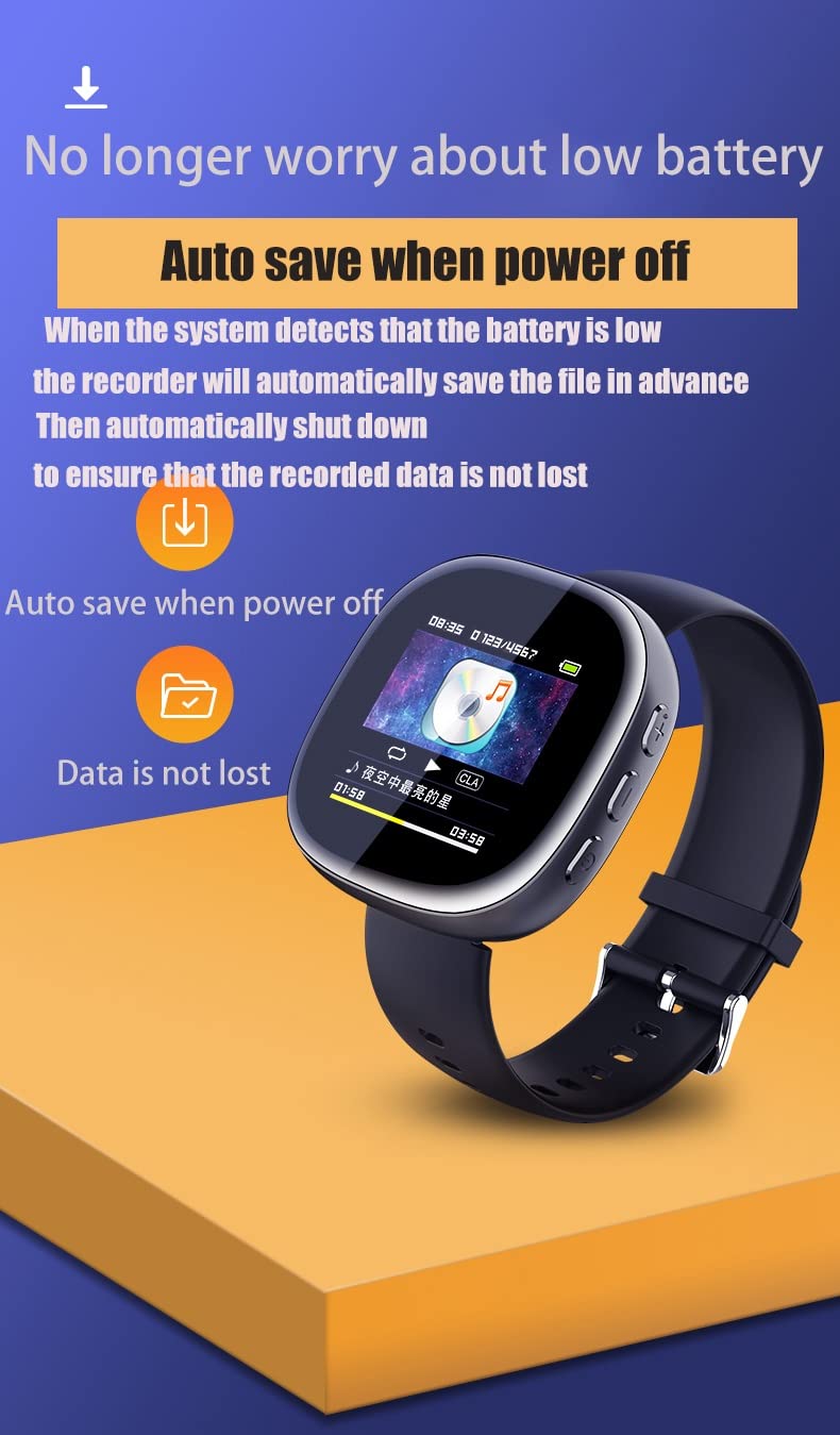 Zegarek dyktafon, przenośny dyktafon Bluetooth 32 GB, z funkcją odtwarzania i MP3, dyktafon z redukcją szumów, wbudowany głośnik do odtwarzania na spotkanie/zajęcia/wywiad/odtwarzacz MP3 (rozmiar
