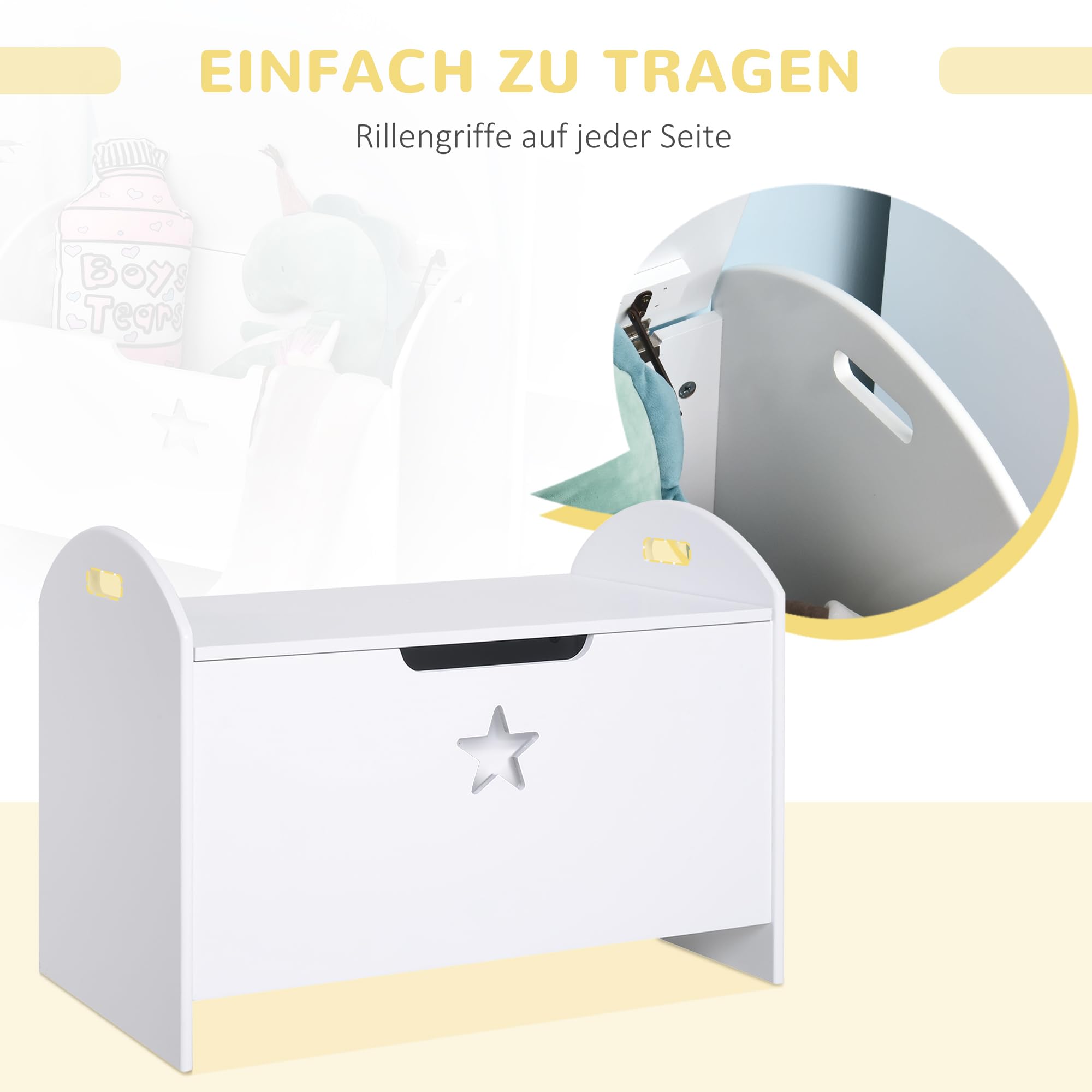 HOMCOM Spielzeugkiste aus Holz Sitzbank für Kinder Sitztruhe Aufbewahrungsbox für Kinderzimmer Bücher Spielzeug Spieltruhe für Kinder Sicherheitsscharnier Weiß 62 x 40 x 46,5 cm