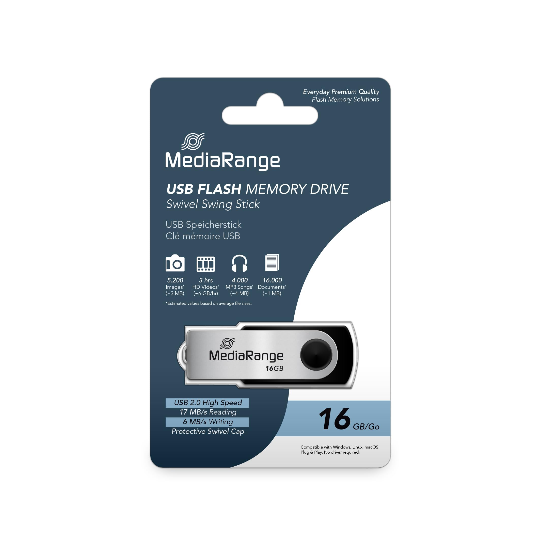MediaRange Pamięć USB 2.0 16 GB – mini napęd USB flash z bezpieczną obudową obrotową, zewnętrzne rozszerzenie pamięci z prędkością odczytu do 17 MB/s, kolor czarny