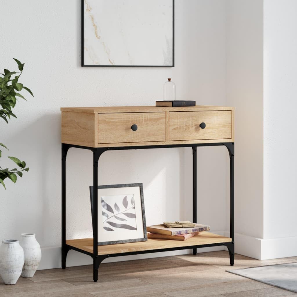 SXZenSpace Console Table Sonoma Oak 75x34.5x75 cm Engineered Wood Metal Frame Drawer Shelf Hallway Living Room