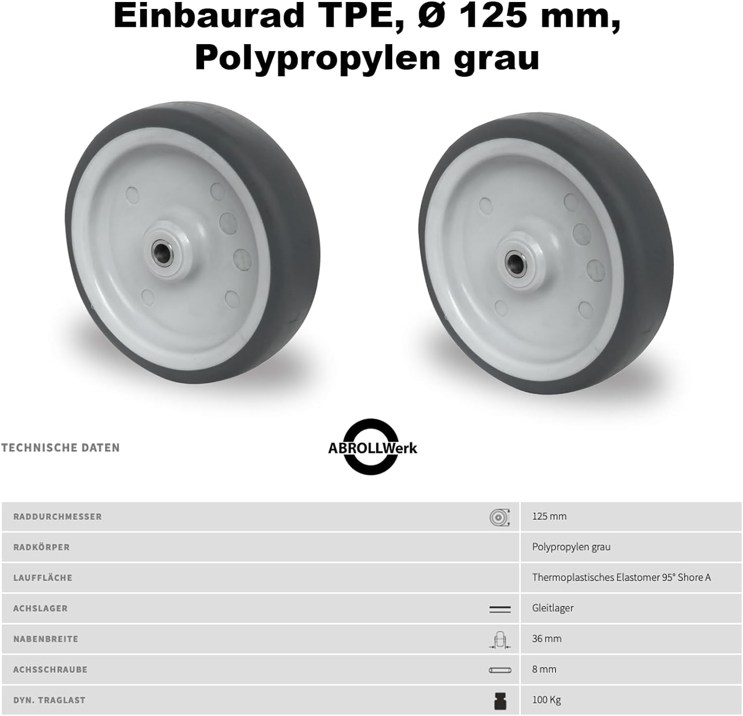 4er Set Einbaurad 125 mm inkl. Achse, Apparaterolle, T.P.E. Gleitlager, Robuste leichtgängige Transportrollen Geräterollen Möbelrollen Industrierollen