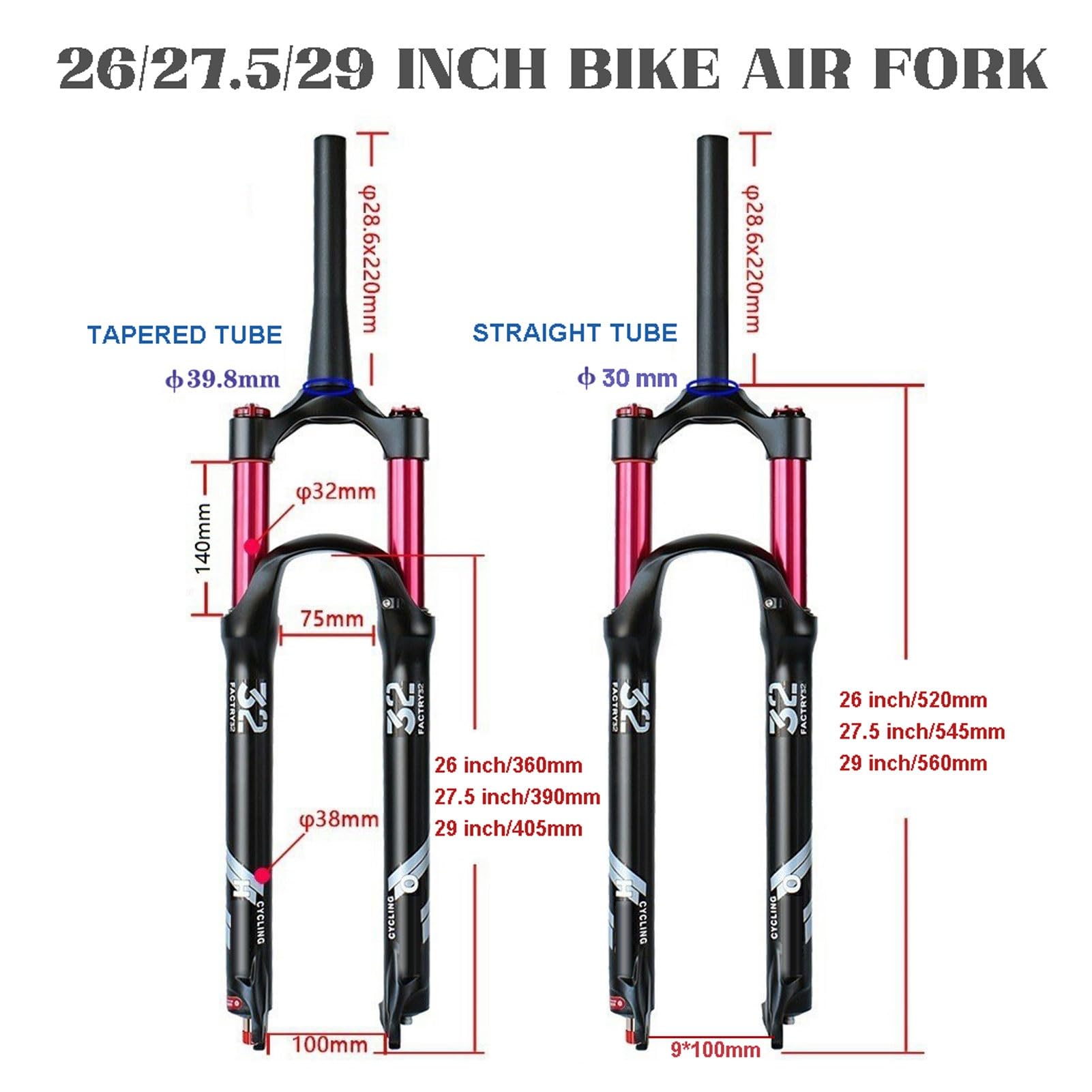 Horquilla de Suspensión Neumática MTB 26/27.5/29 Recorrido de 140mm, Ajuste de Rebote 28.6mm Tubo Recto/Cónico Bloqueo Remoto QR de 9mm for Horquillas Delanteras de Bicicletas Am/XC