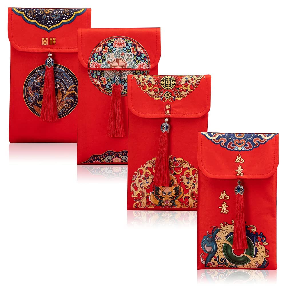 Azonee 4 PCS Silk Red Envelope Chinese Hong Bao Card Envelopes Lucky Money Red Pockets Chinese Red Gift Card Envelopes Gift Wrap Bags with Tassel for 2023 New Year, Spring Festival, Wedding