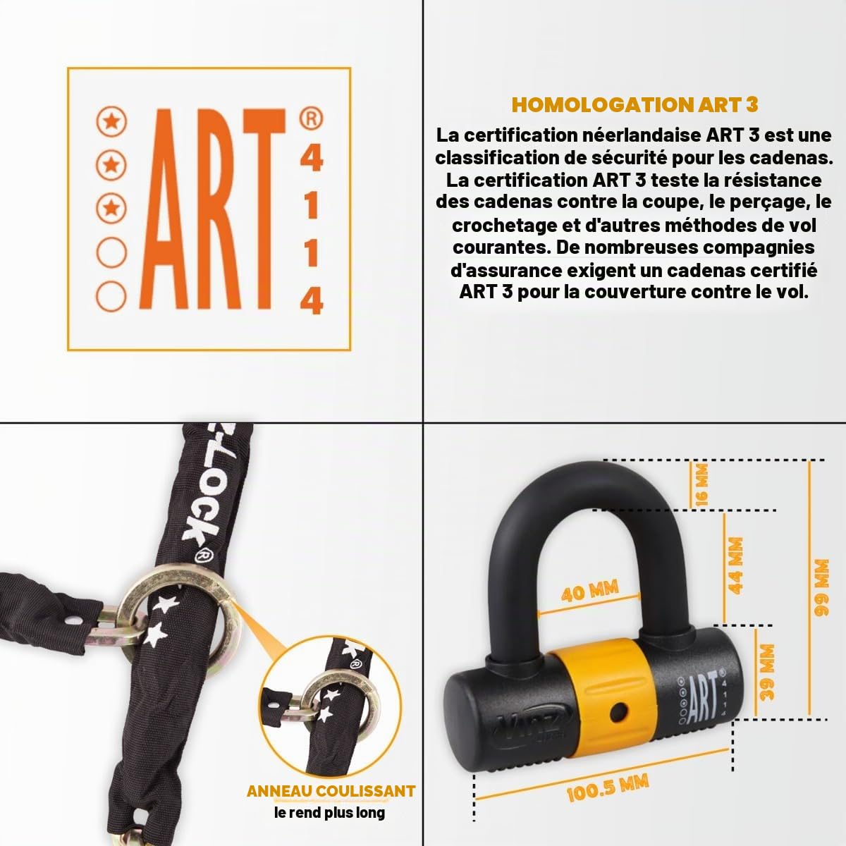 VINZ Kungur Antivol Scooter | Cadenas de chaîne ø10mm | Certification Art 3 |pour Moto, cyclomoteur, vélo électrique | Verrouillage de chaîne Loop U-Lock sécurisé | 100-300 cm x (100 cm)
