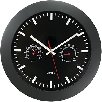 Timekeeper 12" Wall Clock with Black Frame and Temperature/Humidity Gauges, Black/Silver/Red