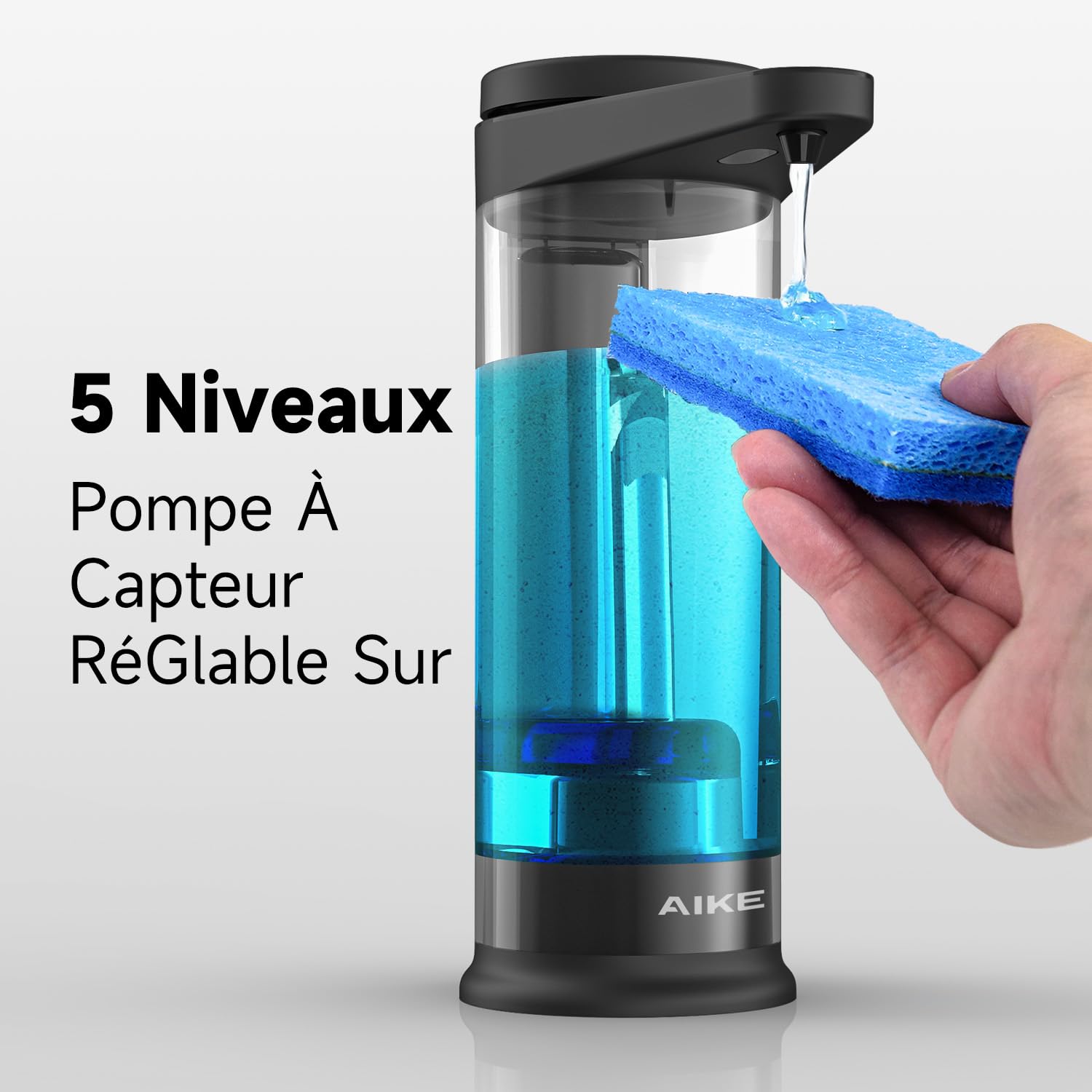 AIKE 500ml Distributeur de Savon Liquide Automatique Rechargeable sans Contact Fixation Murale Noire