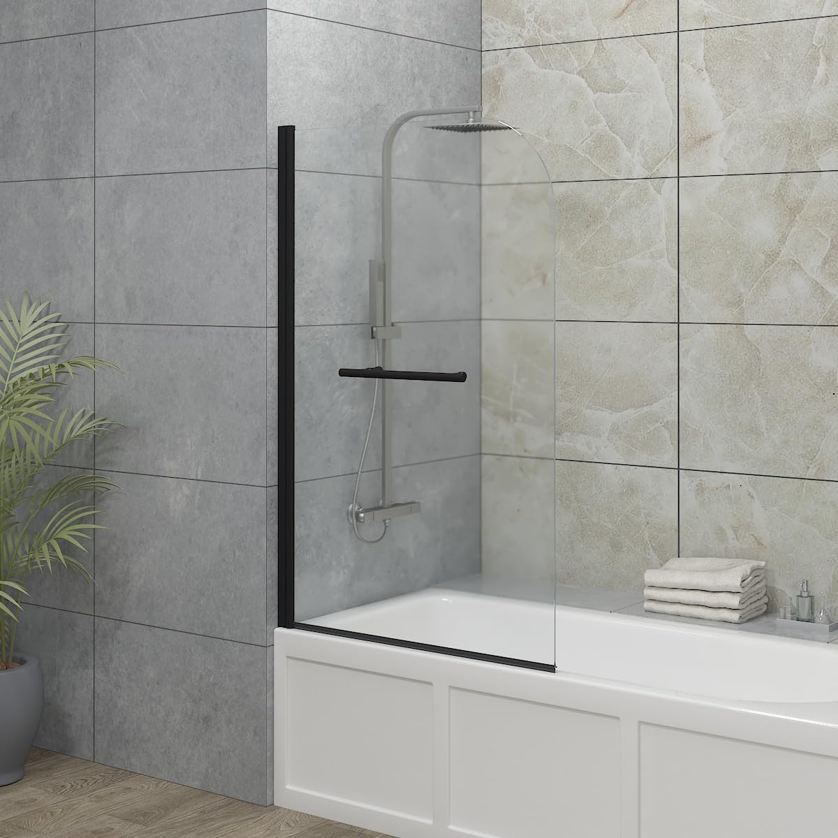 Blümme 800mm Bathroom Round Bath Screen with Towel Rail Reversible Over Bath Shower Screen Door Matte Black Framed