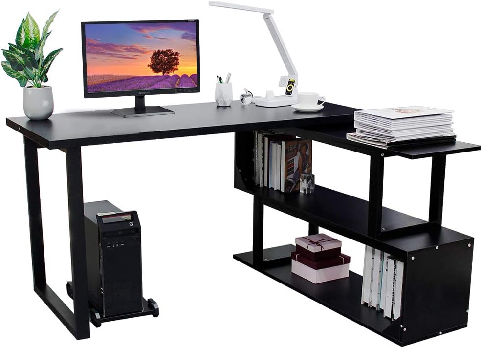 Bizzoelife L-Shaped Computer Desk, 55 Inch 360° Rotating Corner Desk with 2 Storage Shelves, Specialties Sturdy Left or Right Facing Combo Table for Home Office, Writing Desk Double Workstation