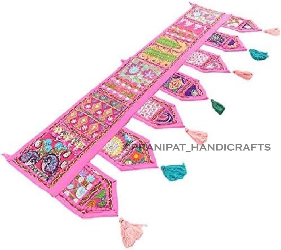 Pranipat Handicraft Vintage Pacthwork Embroidered Handmade Tassel Drape Door Hanging Cotton Hippie Door Decor Wall Home Boho Artisan Crafted Toran Pink (Short 40 X 14 Inch (101 x 35 Cm))