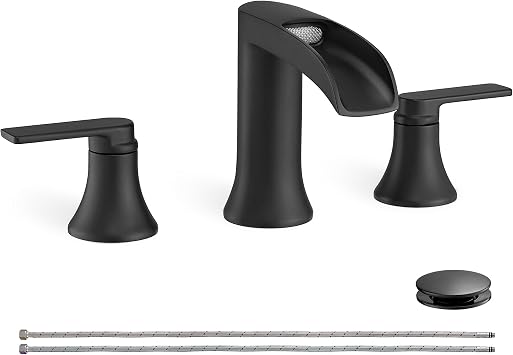 Matte Black Widespread Bathroom Sink Faucet 3 Hole, 8 Inch Waterfall Faucet for Bathroom Sink with Pop-Up Drain and cUPC Supply Lines, 2 Handles for Vanity Lavatory Restroom, Brass Material