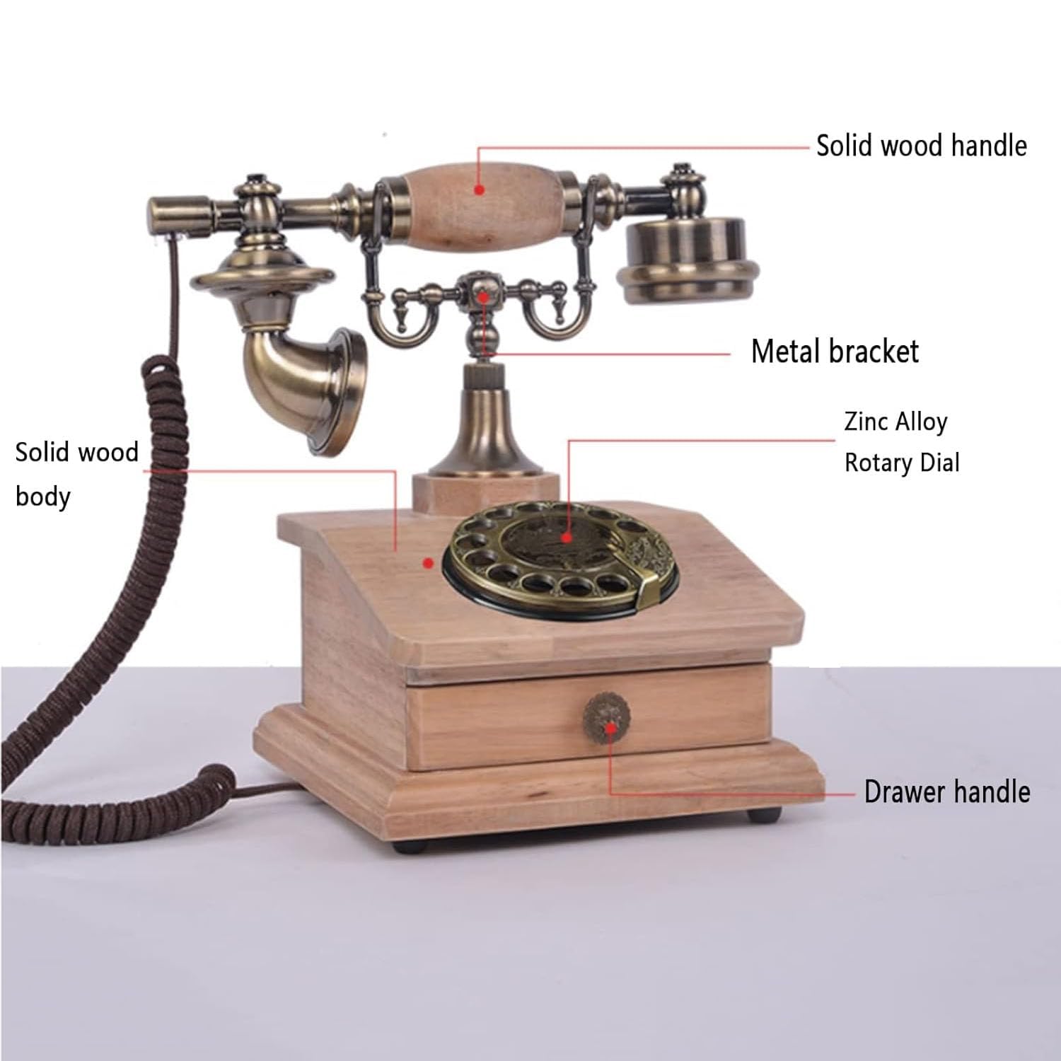 Telefon stacjonarny w stylu vintage, retro telefon przewodowy z drewnianymi szufladami, ergonomiczne uchwyty, wytrzymały do biura, domu, hotelu, galerii
