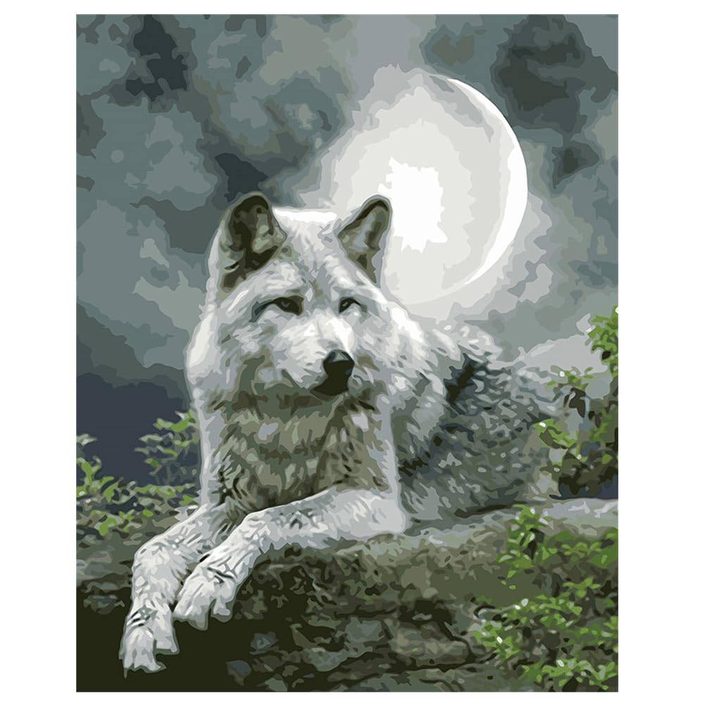 Captaincrafts Frameless Diy Paint By Numbers For Adults Beginners 16X20 Inch Oil Painting Wolf Under The Moon (Frameless)