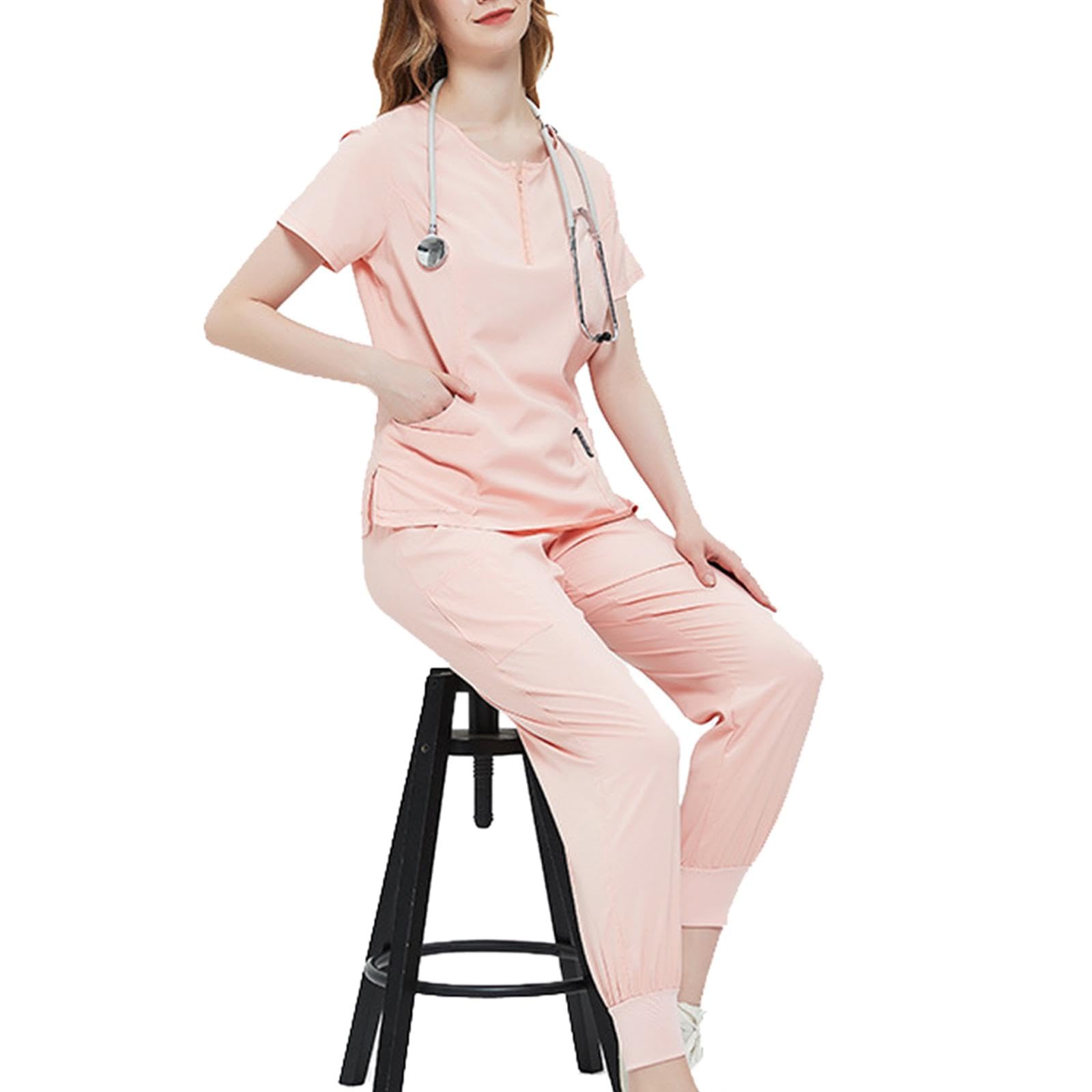kowaku Conjunto de uniformes exfoliantes con bolsillos, Top y pantalones de enfermera, cintura elástica de verano, manga corta para salón de belleza, M