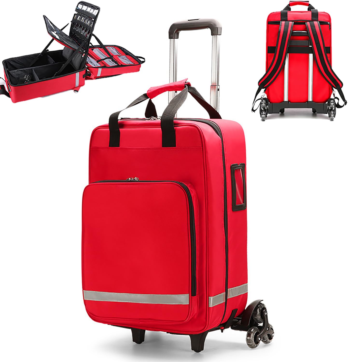 Bolsa Médica Con Ruedas Y Trolley Desmontable, Botiquín De Primeros Auxilios Grande Con Bandas Reflectantes, Organizador Con Múltiples Compartimentos, Para Paramédicos, Técnicos De Emergencias(vacío)