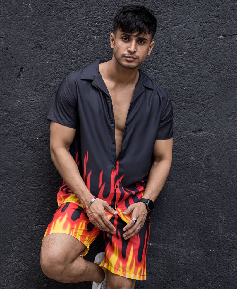 Image of Men's Poly Lycra Digital Printed Shirts with Pajama Shorts Night Suit Set