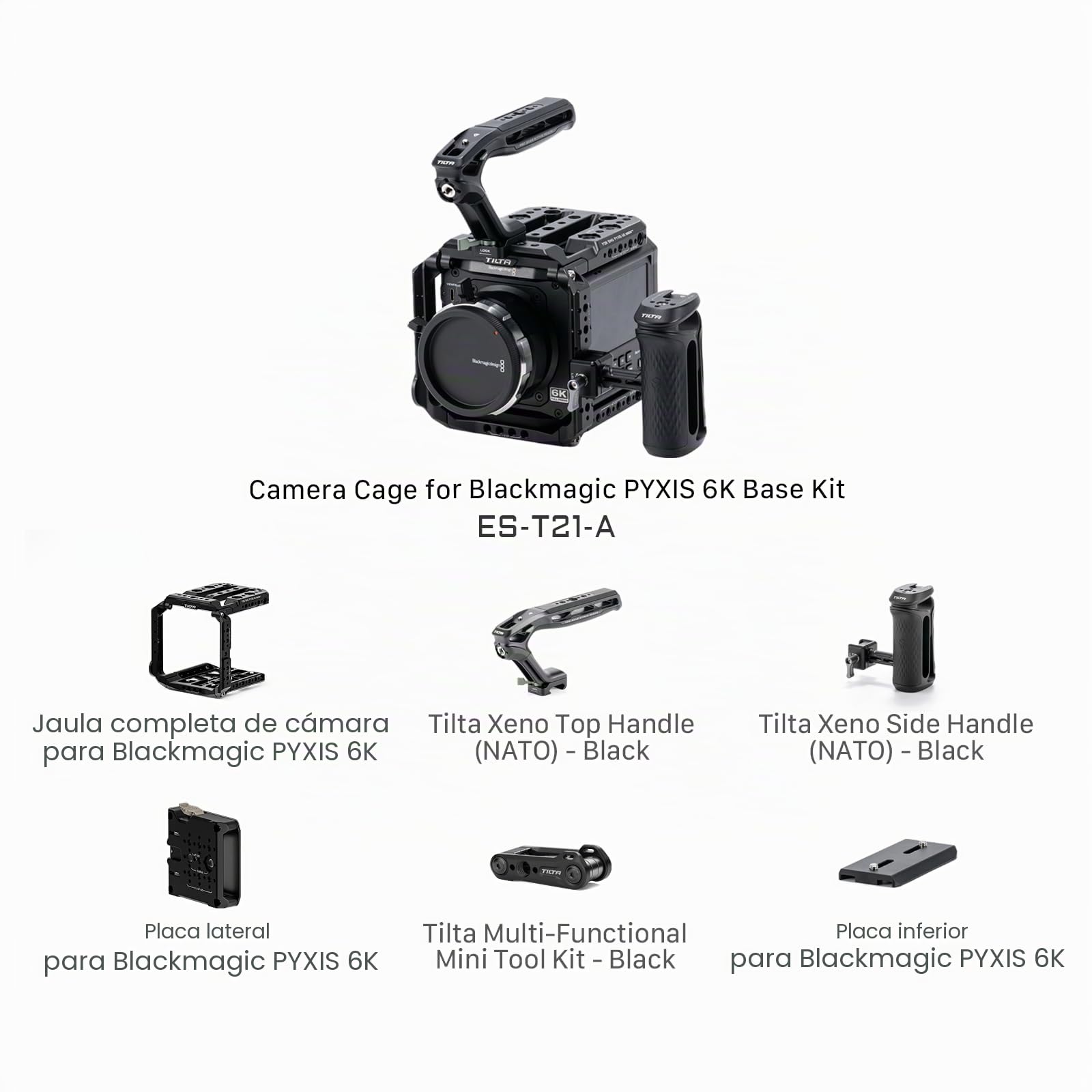 Tilta Jaula Pyxis 6K, Kit Básico de Jaula para Cámara Compatible con Pyxis 6K/12K con Asa Superior NATO, Asa Lateral - Negro ES-T21-A
