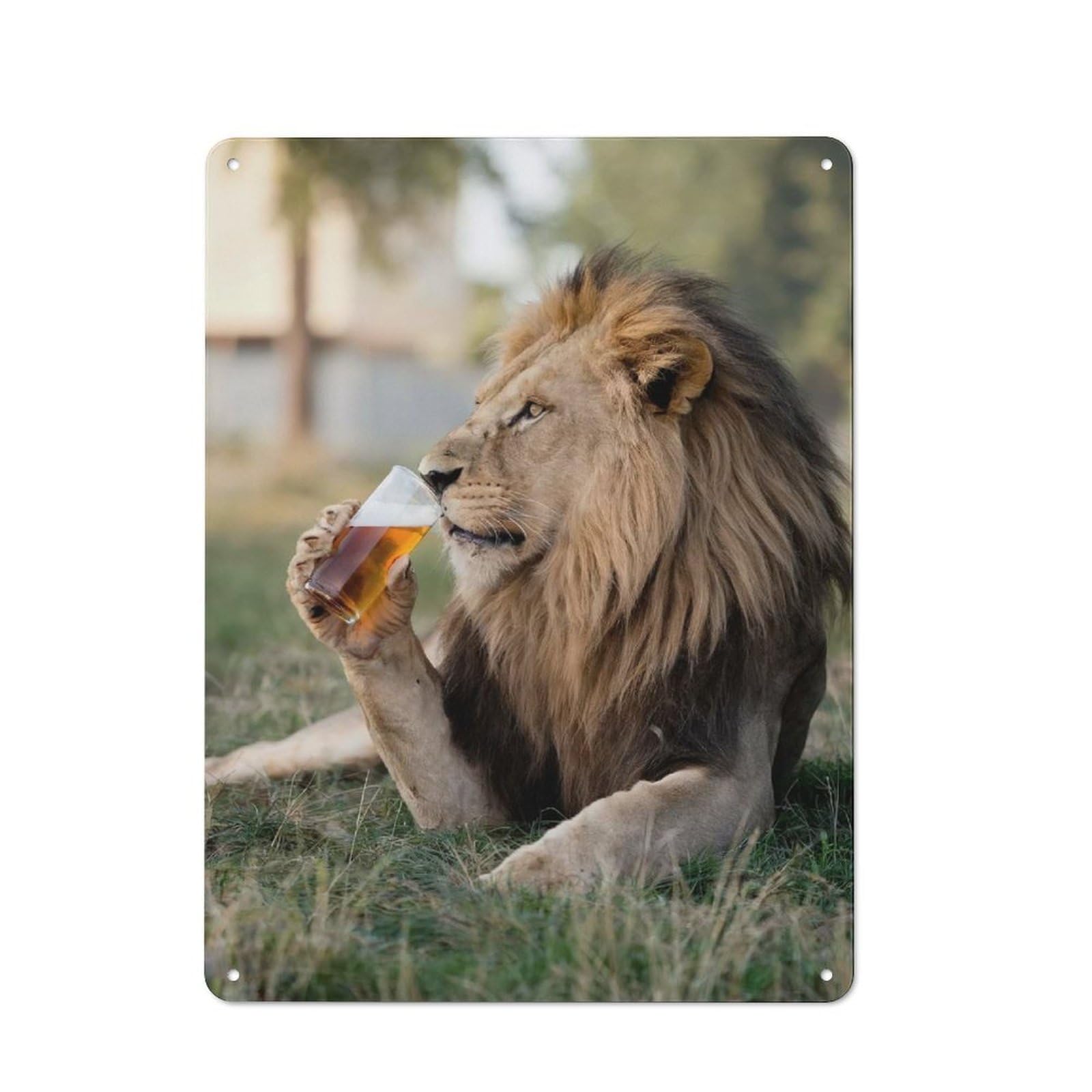 Junmoney Style-11 Tin Sign 40X30cm With Lion Sipping A Beer For Workshop Wall, Retro Decor, For Metal Sign Collectors, For Cafés, Pubs And Restaurants