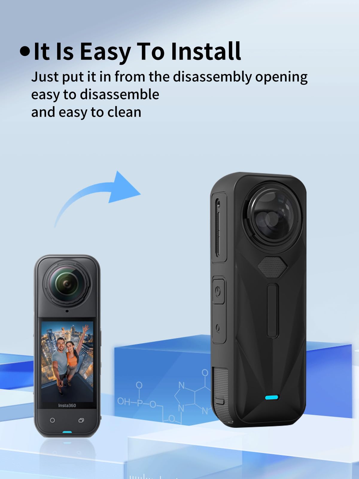 Funda especialmente diseñada para cámara de acción Insta360 X5 impermeable 8K de 360°, protección de silicona premium a prueba de golpes. Puerto de carga accesible, color negro.