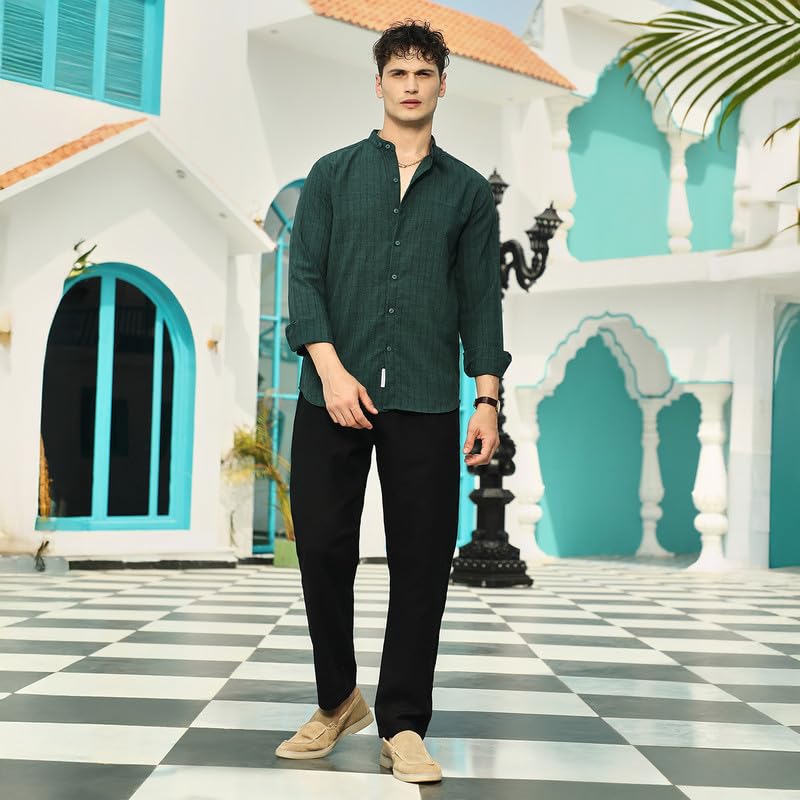 Image of CAHOOT Men Emerald Green Pinstriped Tactile Shirt for Casual Wear Mandarin Collar Long Cuffed Sleeves Button Closure Crafted with Comfort Fit Everyday